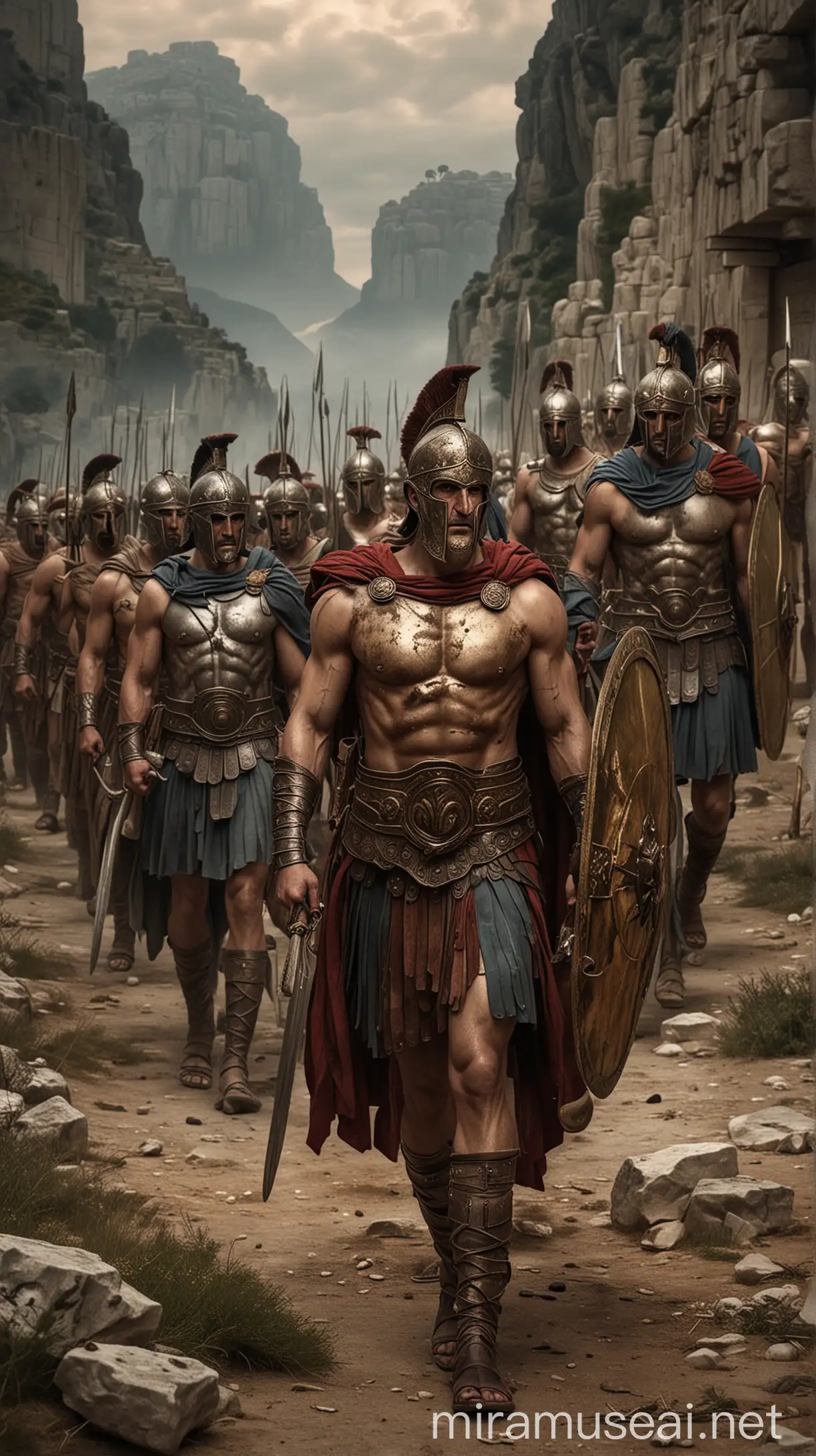 Use an image of a group of ancient Greek warriors, preferably in a dramatic and captivating setting. The image should convey a sense of mystery and intrigue about their legendary status.  hyper realistic