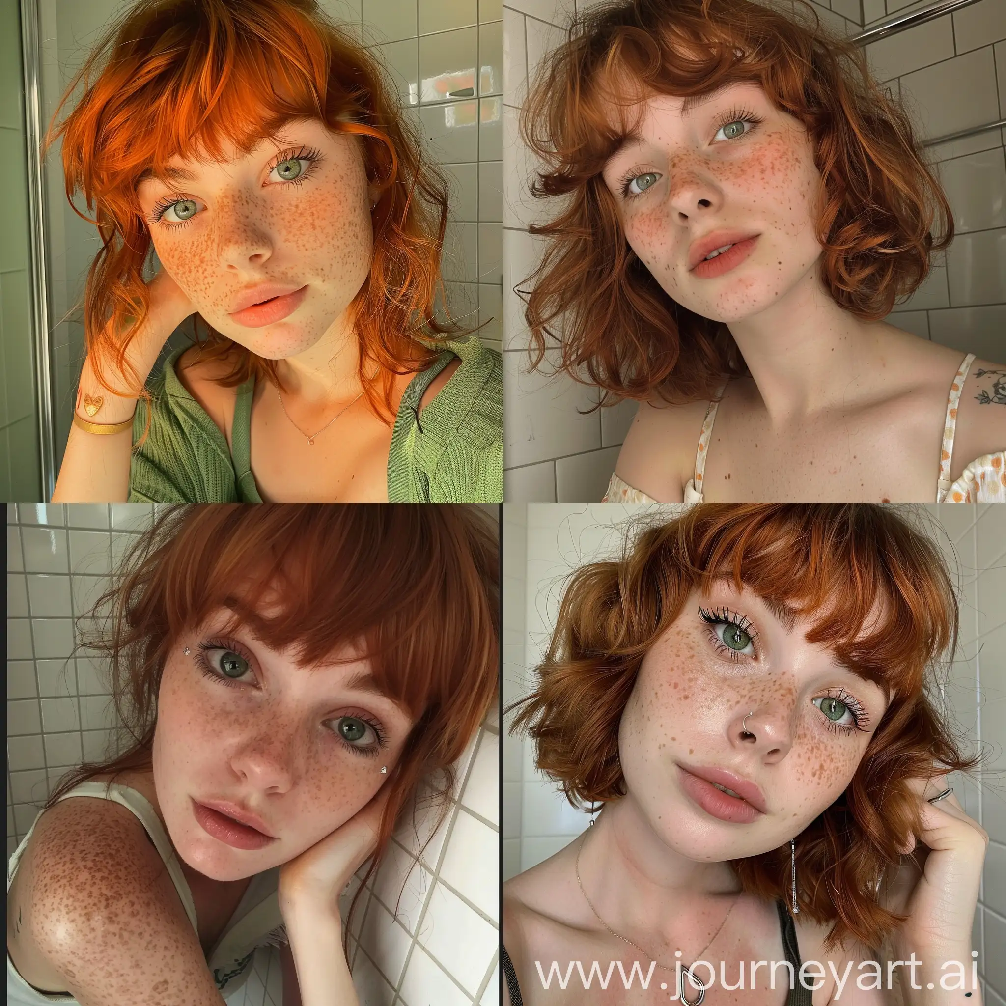 Aesthetic instagram selfie of a 15 year old girl, lavatory, adorable, cute, happy, close up selfie, freckles, red hair, green eyes, bangs, short hair, full hair