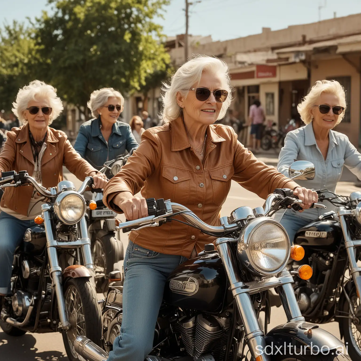 a photorealistic shot of a group of older women riding motorcycles, shot with 35mm lens, sunny day,