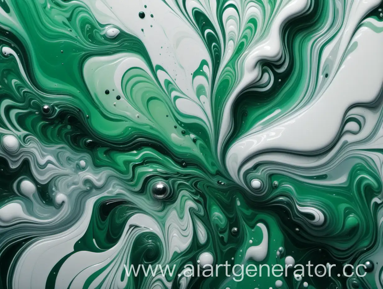 красивая абстракция в стиле флюид-арт зеленых цветов и оттенков с вкраплениями серебра