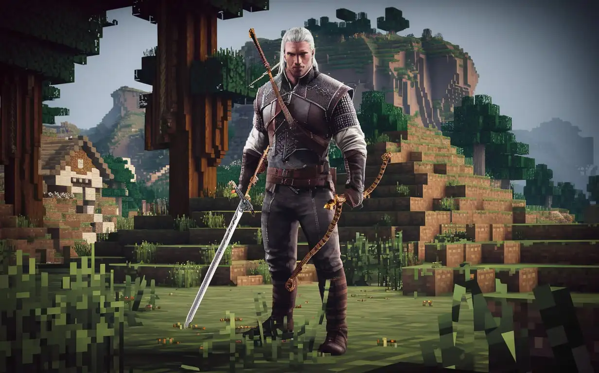 Geralt-Fighting-Parasites-in-Minecraft-Game-Environment