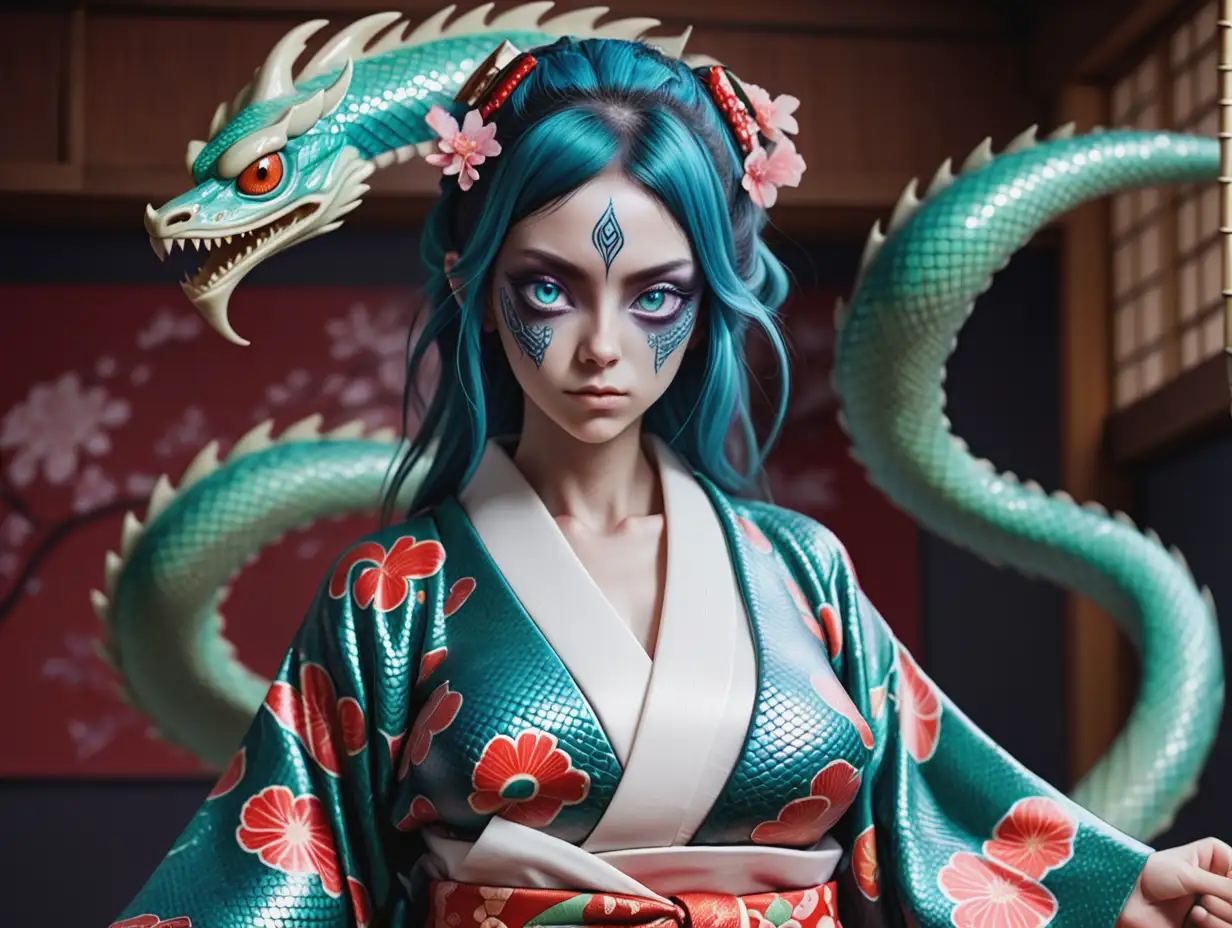 a hybrid simic woman in scales with narrow eyes and scales on her legs and in a kimono
