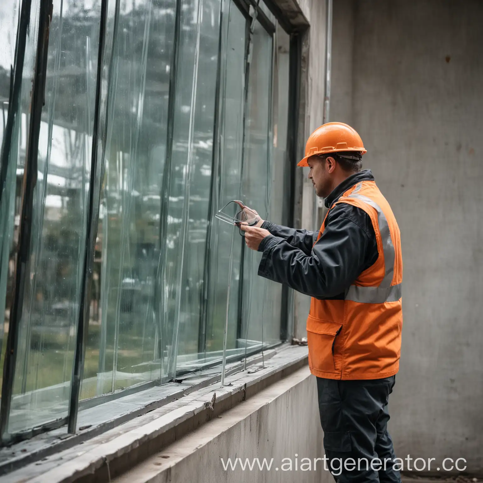Инженер по металлоконструкциям проверяет стекло окна 
