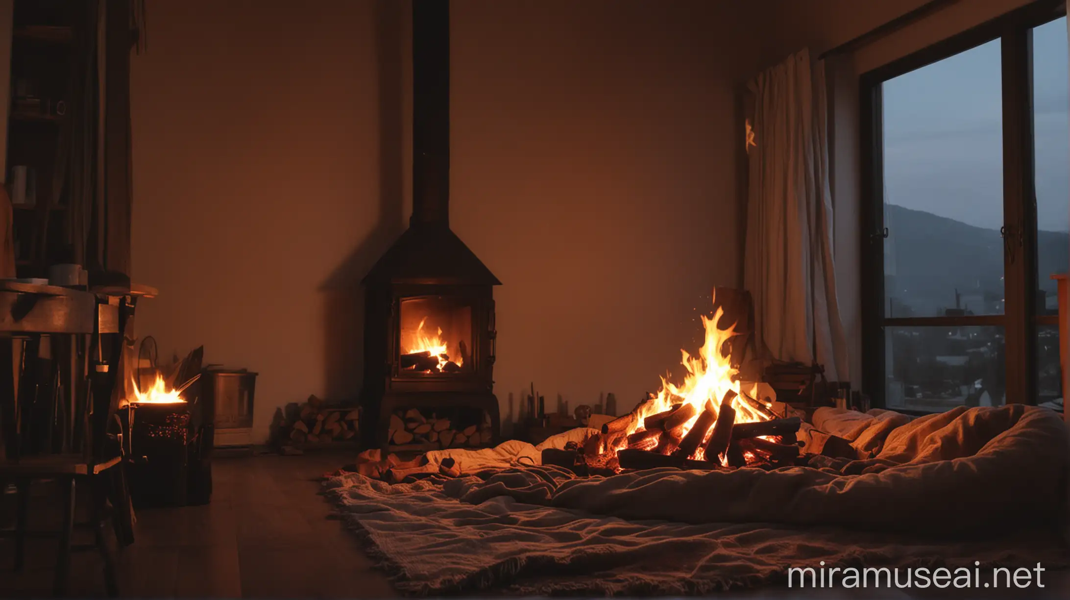 Cozy Evening Scene with Indoor Fireplace
