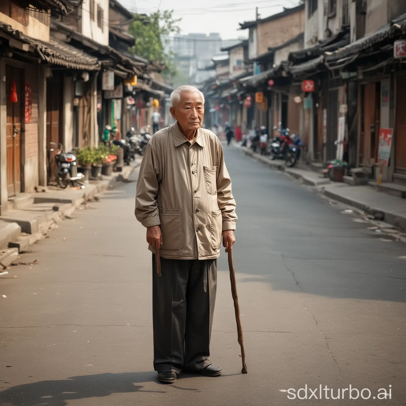 Lonely elderly Liang Jiahui, standing on the street looking into the distance