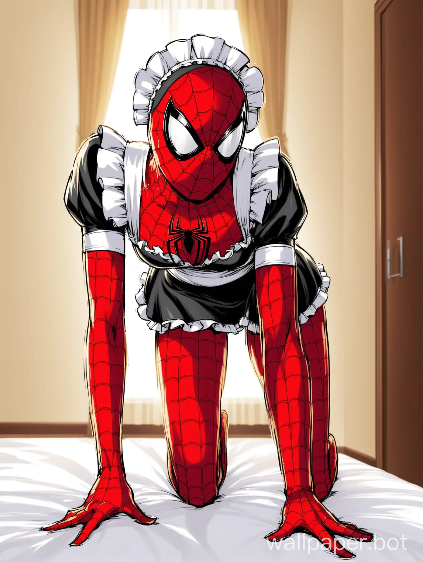 spiderman wearing a maid costume, in his mask bending over skimpy maid outfit