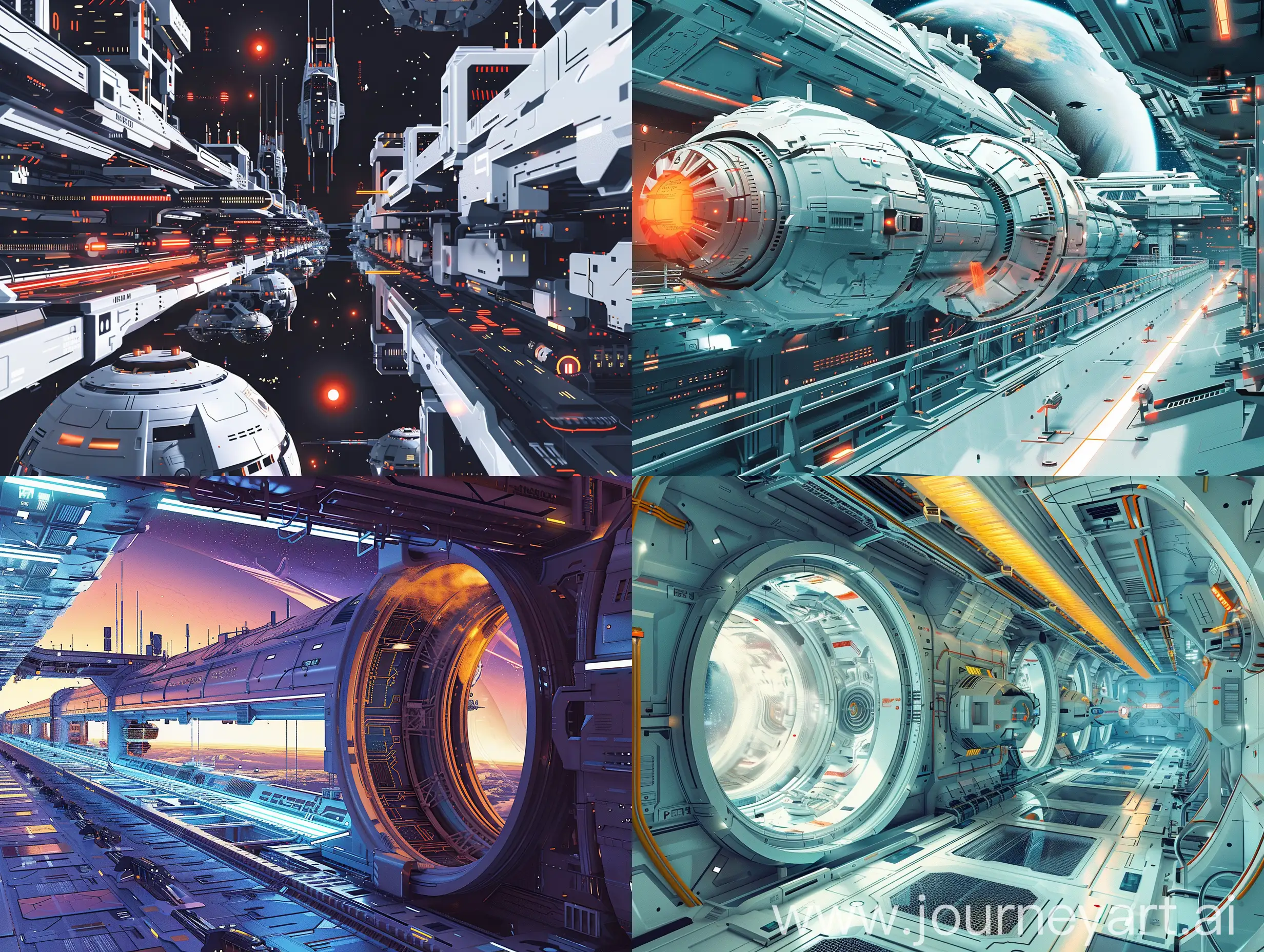 A series of vector illustrations of a futuristic space station, sleek and shiny surfaces, advanced technology and spaceships, bright and sci-fi atmosphere, vector art, created with Adobe Illustrator and 3D tools