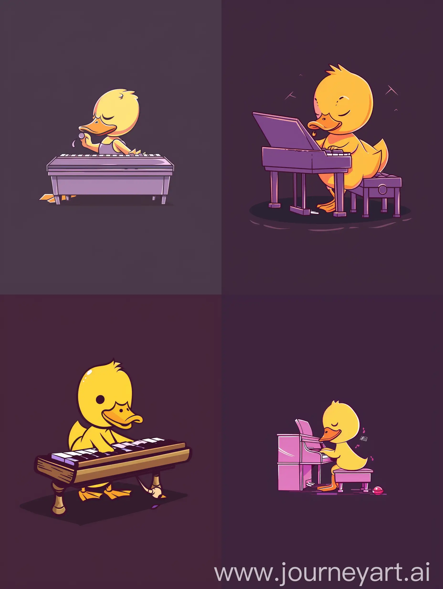 thin line style chibi cute duck playing piano, with solid dark purple background, small object and center concentrated image, far view point