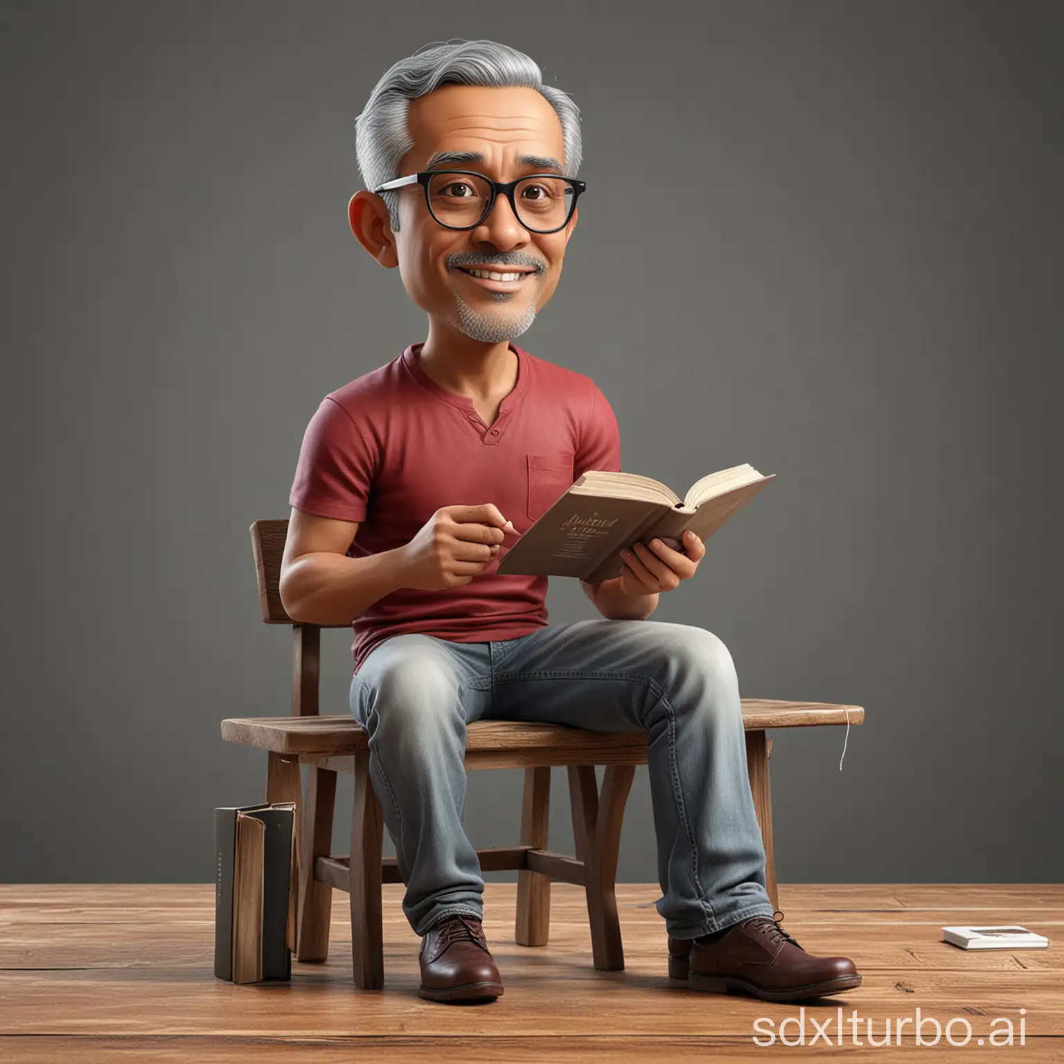 Create caricatures 3D realistic cartoon style full body with big head. A 50 year old Indonesian man. Short, gray hair parted on the side. Sitting relaxed in a chair with dark red wing backs. Oval face, dull eyes with thick eye bags. Wearing rectangular glasses. Wearing a white t-shirt with clear writing on the front "Akal Sehat" with good and correct Indonesian spelling. Wearing gray jeans that look worn. Wearing dark brown shoes. The index finger is pointed at the head. left hand holding a book. Face facing forward, eyes to the side. Nearby there is a classic wooden table. The background color is dark grey. Use soft photographic lighting, dramatic overhead lighting, very high image quality, clear character details, UHD, 16k, 3d Rendering, very realistic.