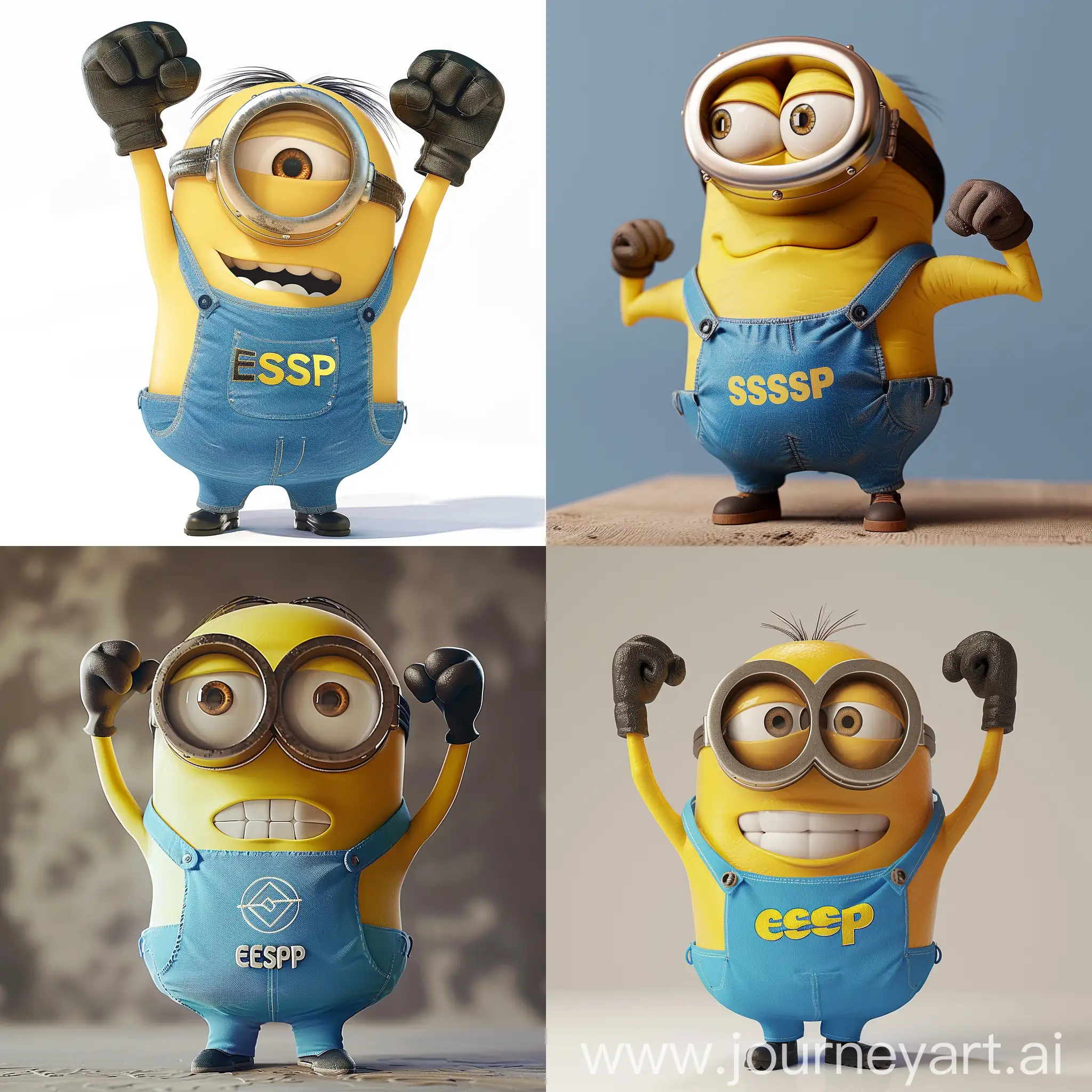 A minion with big muscles, biceps and a pres in a blue T-shirt with the inscription estep