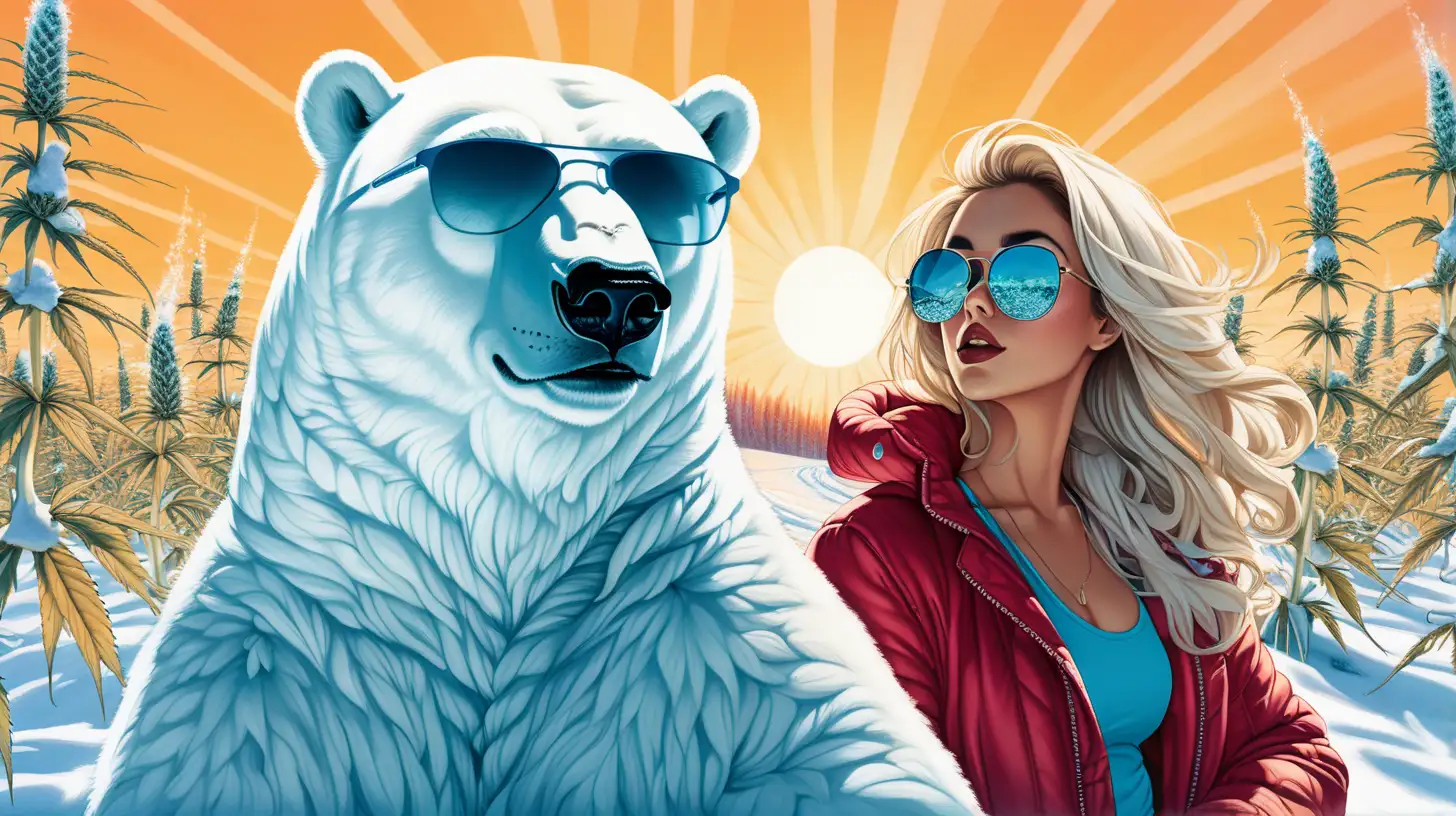 A Sexy Exotic Female wearing sunglasses in a field of cannabis, during winter in the snow, killer polar bear in the background, rich colors, futuristic look, bright sunshine