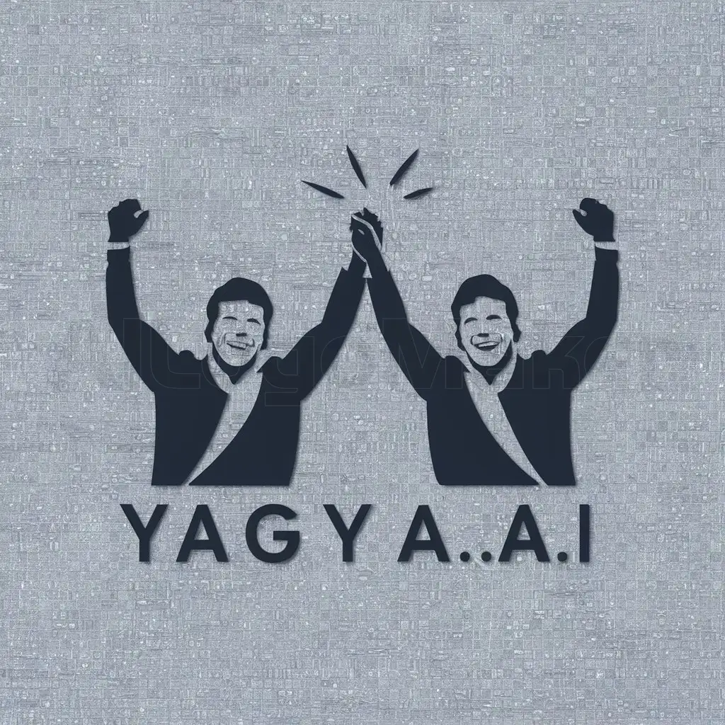a logo design,with the text "Yagya.ai", main symbol:two men cheering up with two arms up and joining one hand with each other,Minimalistic,be used in Internet industry,clear background