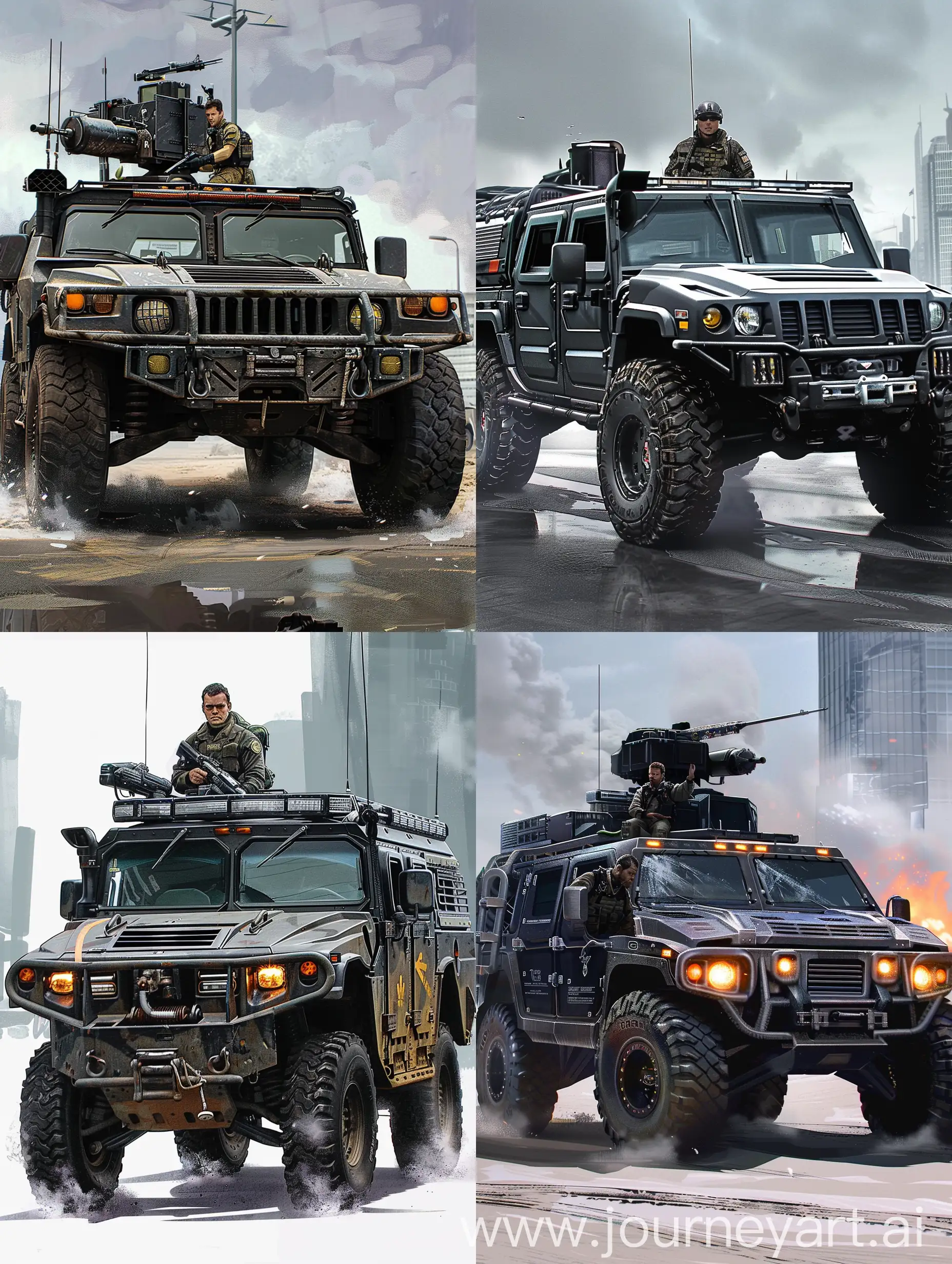 A group of soldiers dressed in black and in front of them Josh Dummel is wearing a black military uniform and has a gun in his hand, in the background the Rescue H2 HUMMER car has a black military design, black and gray color predominance, the soldiers' vehicle is the H2 HUMMER rescue car, drawn in Concept art style, desert view in the background, daytime, There is iron armor in front of the H2 Hummer, the vehicle wheels are large tires with thick treads, the vehicle is high, Josh Dummel is in the foreground as a soldier, there are 3 soldiers behind him.   https://hasbropulse.com/cdn/shop/products/F71015L00_detail_22_Online_2000SQ.jpg?v=1663884204&width=1200 , https://encrypted-tbn0.gstatic.com/images?q=tbn:ANd9GcTZ9mfZCY8d5HDsGEb2SMhmesVyOfCV3lUYAg&usqp=CAU Black H2 HUMMER Rexcue Car   https://upload.wikimedia.org/wikipedia/commons/thumb/7/7d/Hummer_H2_Transformer.jpg/1200px-Hummer_H2_Transformer.jpg  Drawing illustration in illustration concept design style



