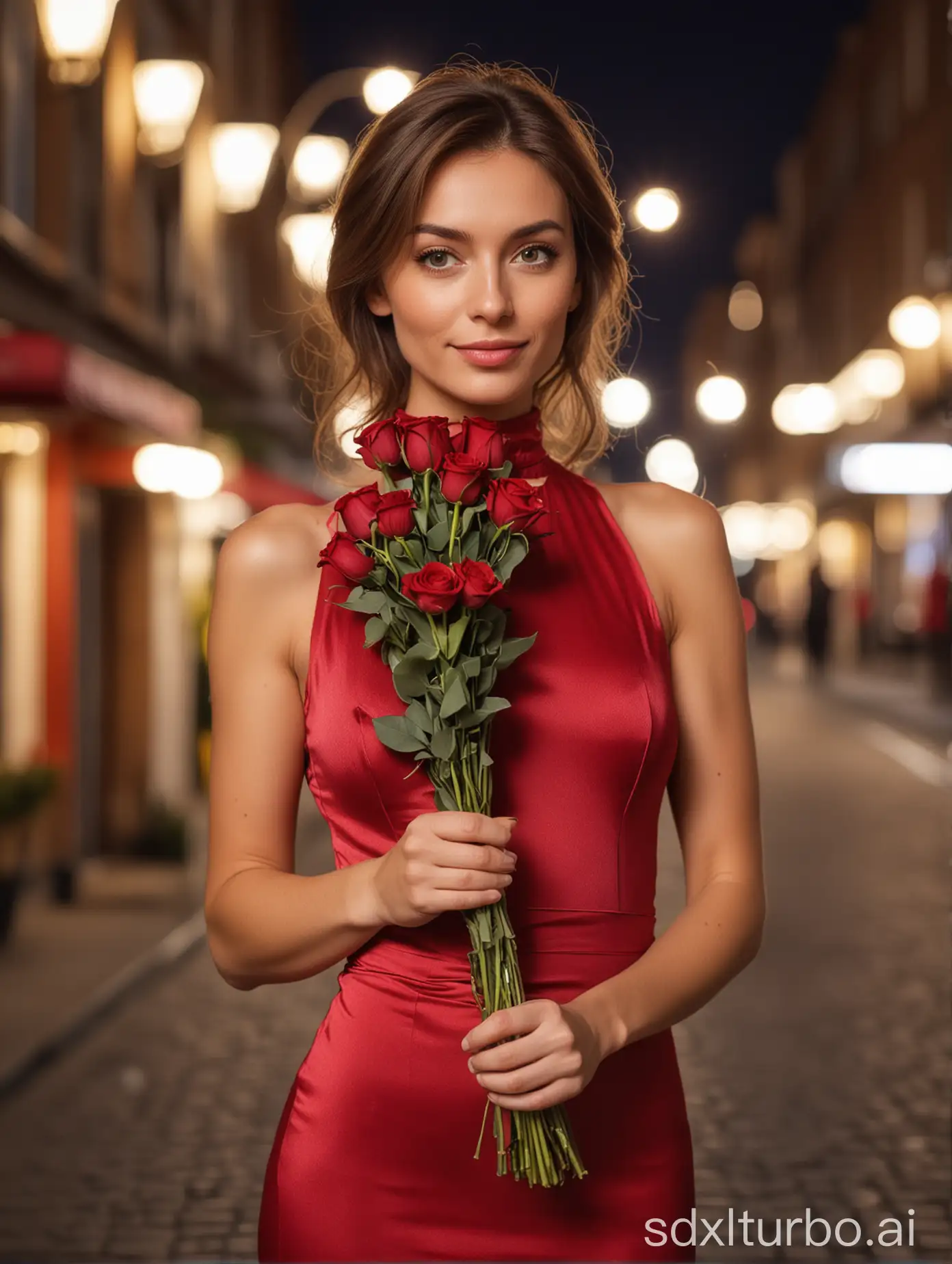 medium brown hair woman, slim body, small breast, wearing red silk turtleneck sleeveless evening gown, eyes full of love, holding bouquet of flowers, background is a street blurred, bokeh, at night