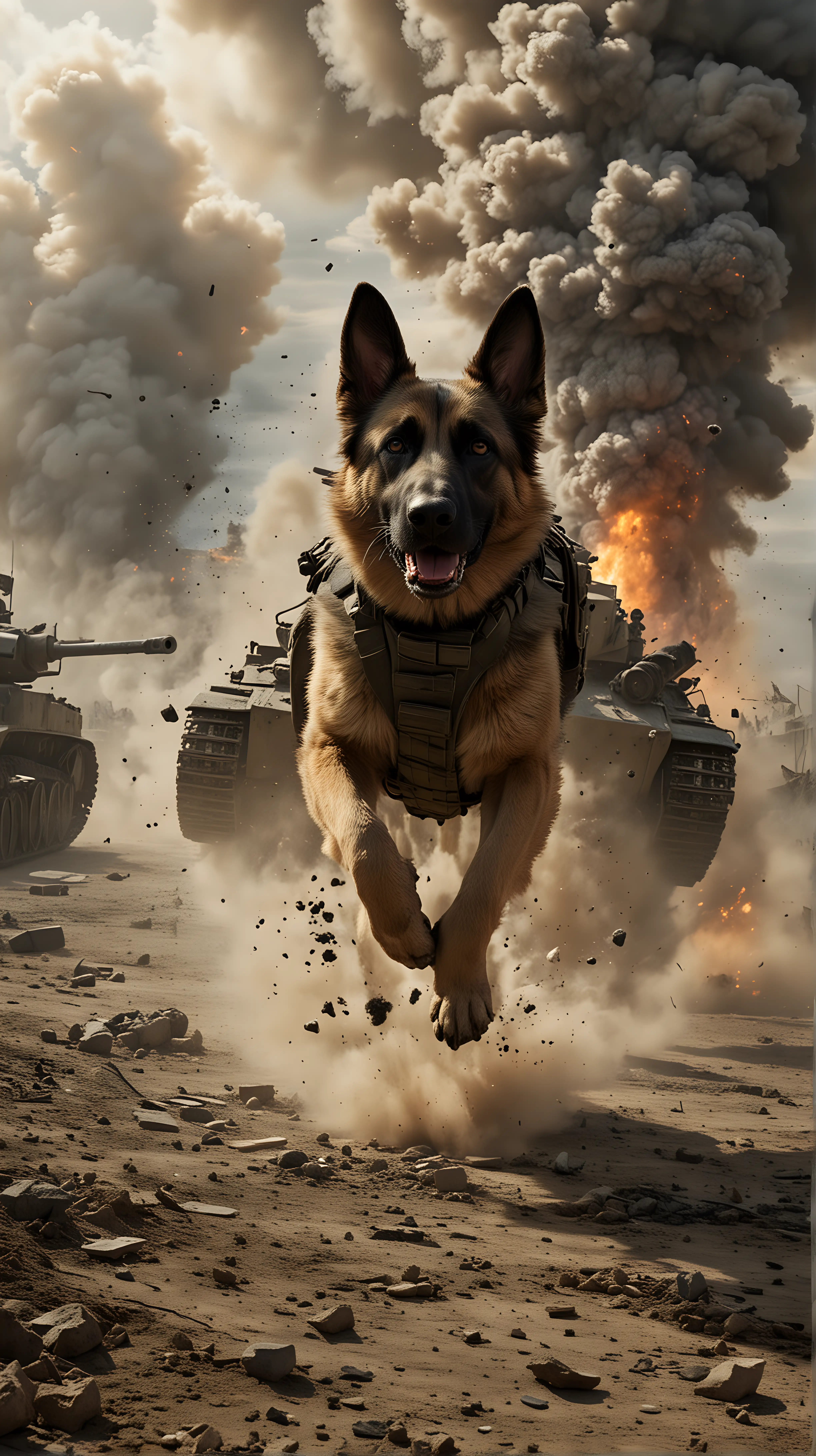 Intense World War II Scene German Shepherd Dog Evades Tank Bombing