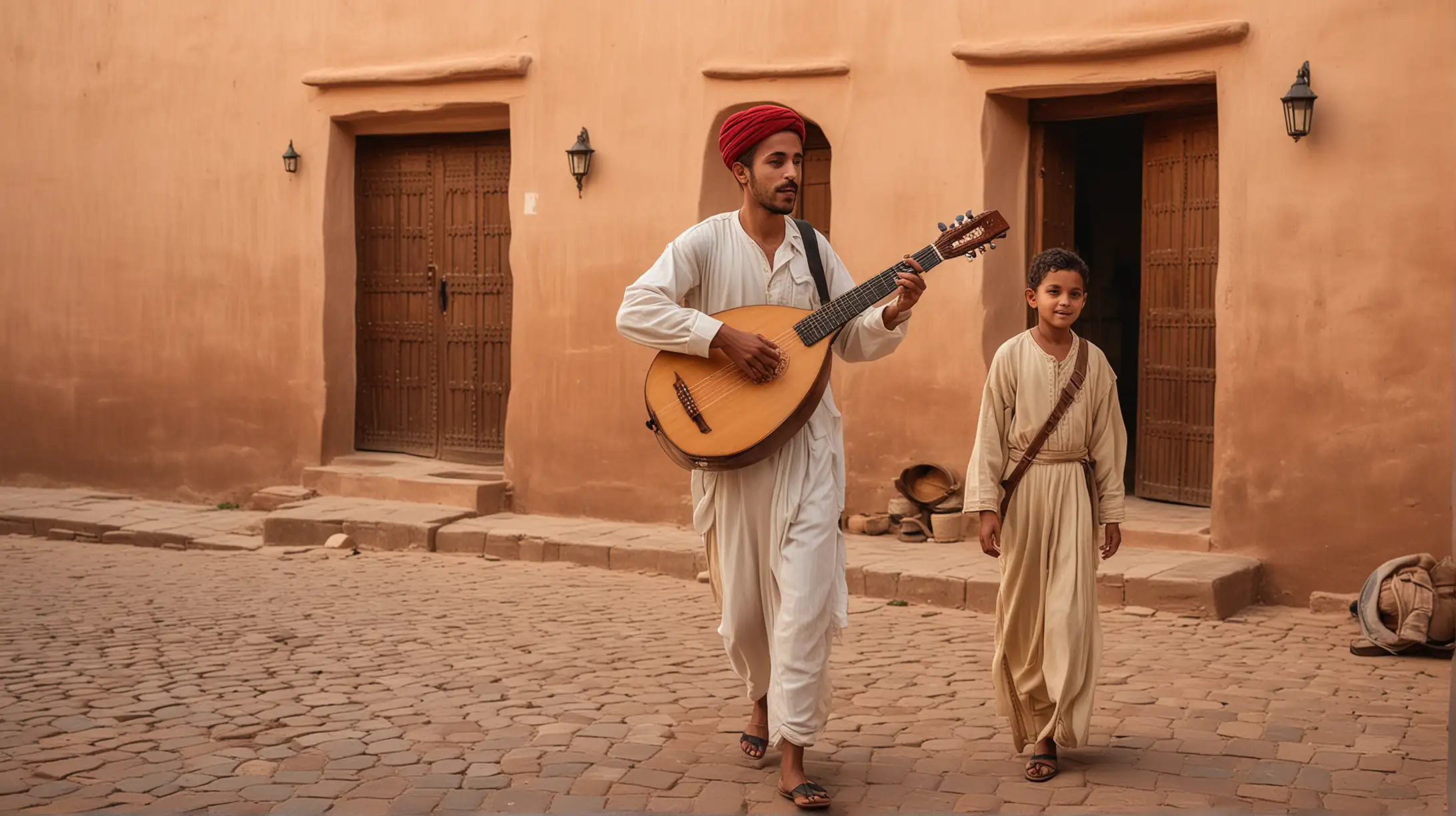 A wandering Moroccan musician carrying his lute, reunite with his family in front of their traditional home, men, women, children, everybody is embracing, panoramic view, full figures, early morning light