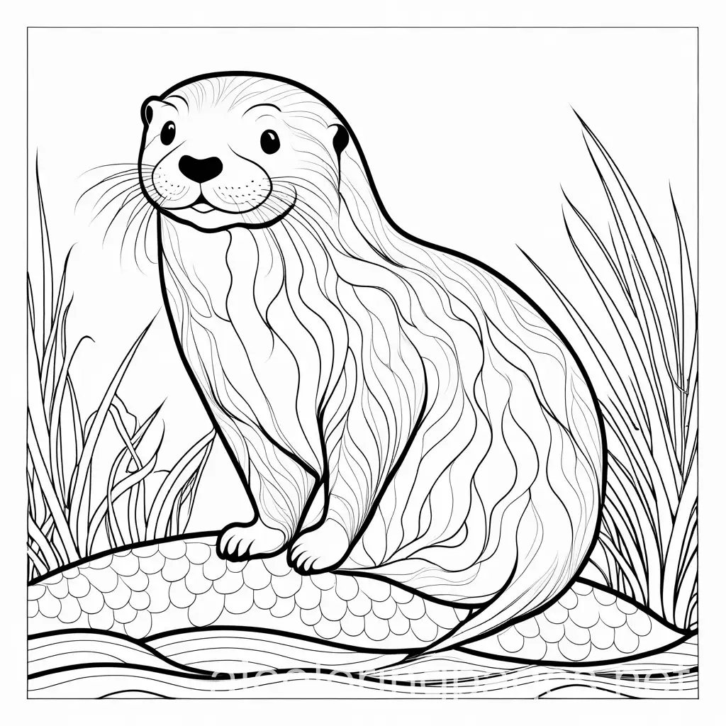 Coloring Page for kids, full of scales, illustration of a playful sea otter, black and white, line art, white background, Simplicity, Ample White Space. The background of the coloring page is plain white to make it easy for young children to color within the lines, simple vector art. The outlines of all the subjects are easy to distinguish, making it simple for kids to color without difficulty, Coloring Page, black and white, line art, white background, Simplicity, Ample White Space. The background of the coloring page is plain white to make it easy for young children to color within the lines. The outlines of all the subjects are easy to distinguish, making it simple for kids to color without too much difficulty