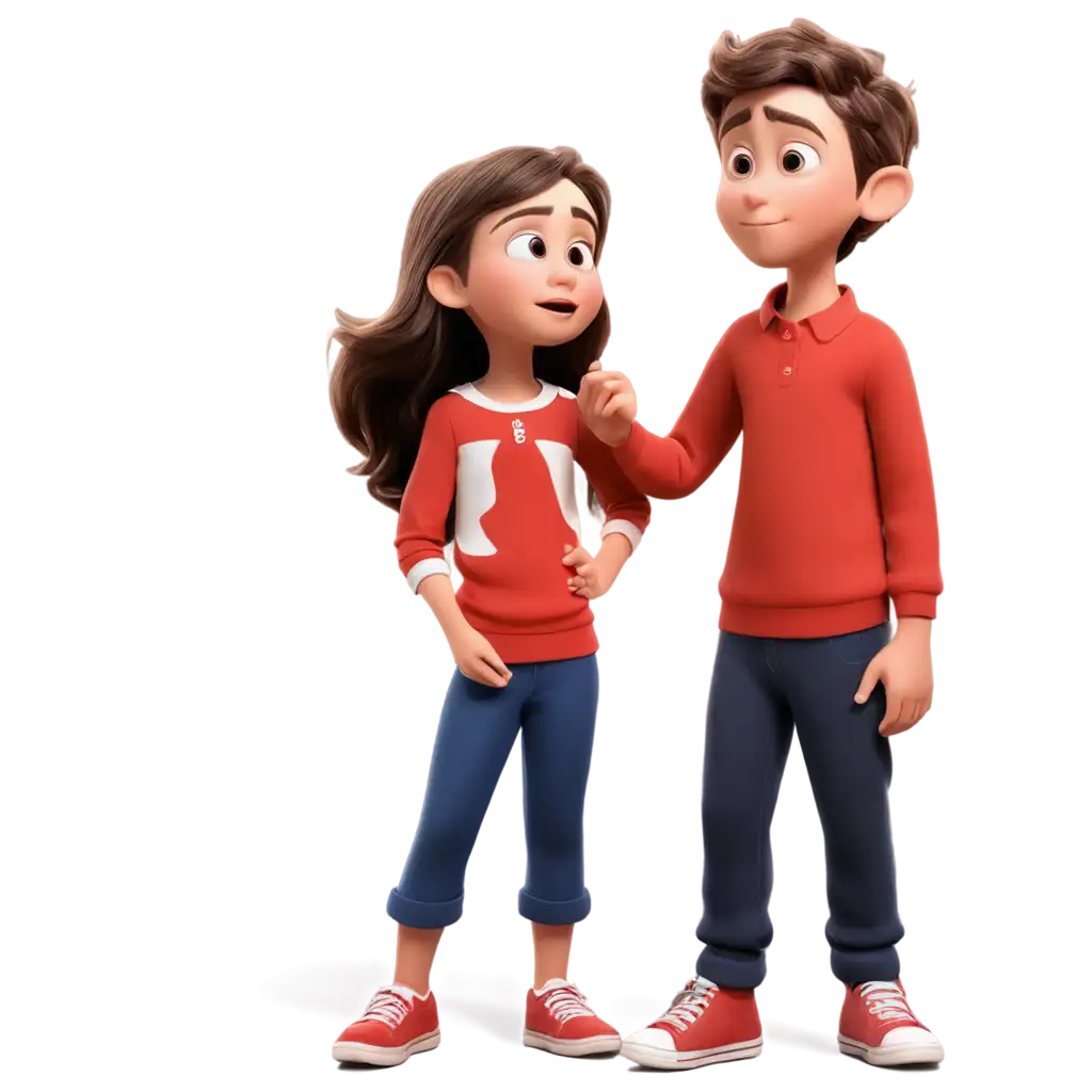 A Little girl with red and white shoes, wearing  full sleeve red shirt, full pant, talking mood, 3d, diseny pixar style, cartoon