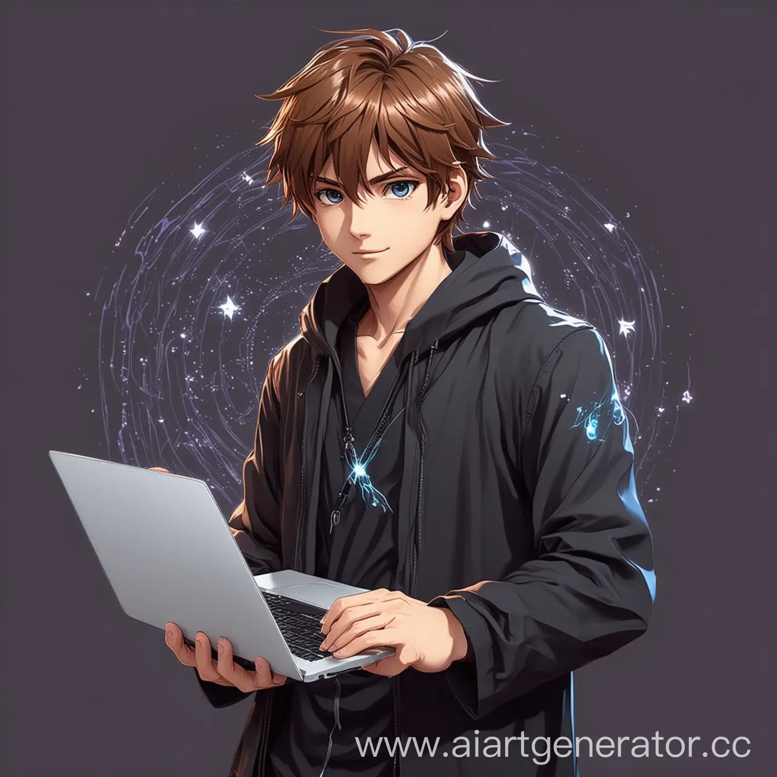 аниме персонаж мужской за ноутбуком  магия дизайна