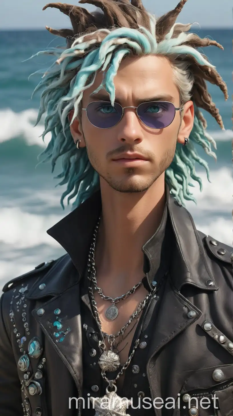 A striking young man with skin the color of rich chocolate, giving him a regal and commanding presence. His bright blue eyes shimmer like the ocean, reflecting depths of mystery and power. His hair is a unique blend of white and turquoise dreadlocks, styled in a way that resembles the ebb and flow of ocean waves. His outfit exudes a mix of 2020s Y2K, dark glam, oceancore, and seapunk aesthetics, with an edgy twist. He wears a sleek black leather jacket adorned with metallic studs and spikes, adding a rebellious flair to his ensemble. Underneath, he sports a fitted purple shirt that complements his color scheme, with intricate seashell and wave patterns embroidered along the hem. For bottoms, The Young Man opts for black leather pants with turquoise stitching, providing both style and functionality for his adventures in the school halls and beyond. His footwear consists of black combat boots with silver buckles, perfect for navigating both land and sea. The Young Man's accessories include chunky silver jewelry, including rings adorned with ocean-inspired motifs and a statement necklace featuring a seashell pendant. He also wears a pair of sleek sunglasses with turquoise-tinted lenses, adding a touch of mystery to his look. Overall, The Young Man's outfit reflects his bold and fearless nature, blending dark glamour with elements of the sea. It's a look that commands attention and respect, showcasing his undeniable presence and connection to the oceanic realm.
