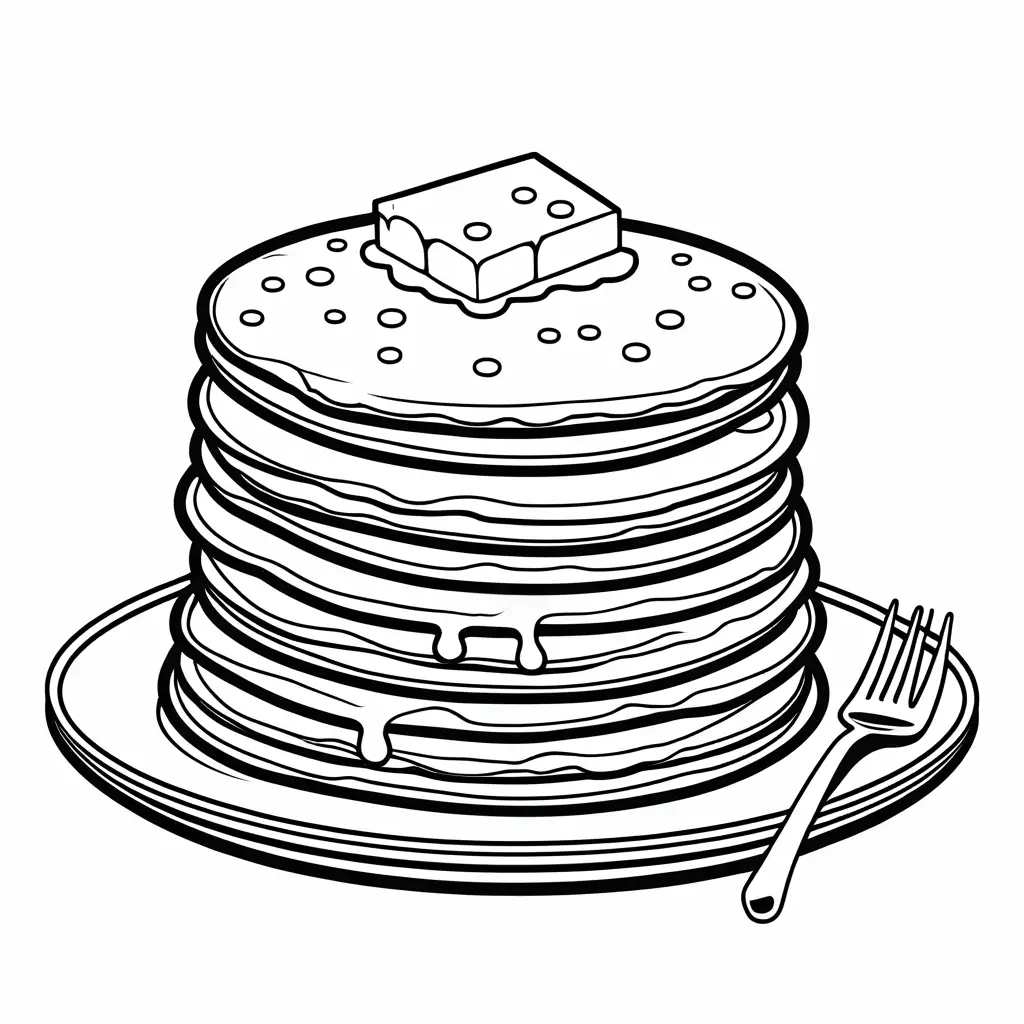 A stack of pancakes with syrup and butter, Coloring Page, black and white, line art, white background, Simplicity, Ample White Space. The background of the coloring page is plain white to make it easy for young children to color within the lines. The outlines of all the subjects are easy to distinguish, making it simple for kids to color without too much difficulty, Coloring Page, black and white, line art, white background, Simplicity, Ample White Space. The background of the coloring page is plain white to make it easy for young children to color within the lines. The outlines of all the subjects are easy to distinguish, making it simple for kids to color without too much difficulty