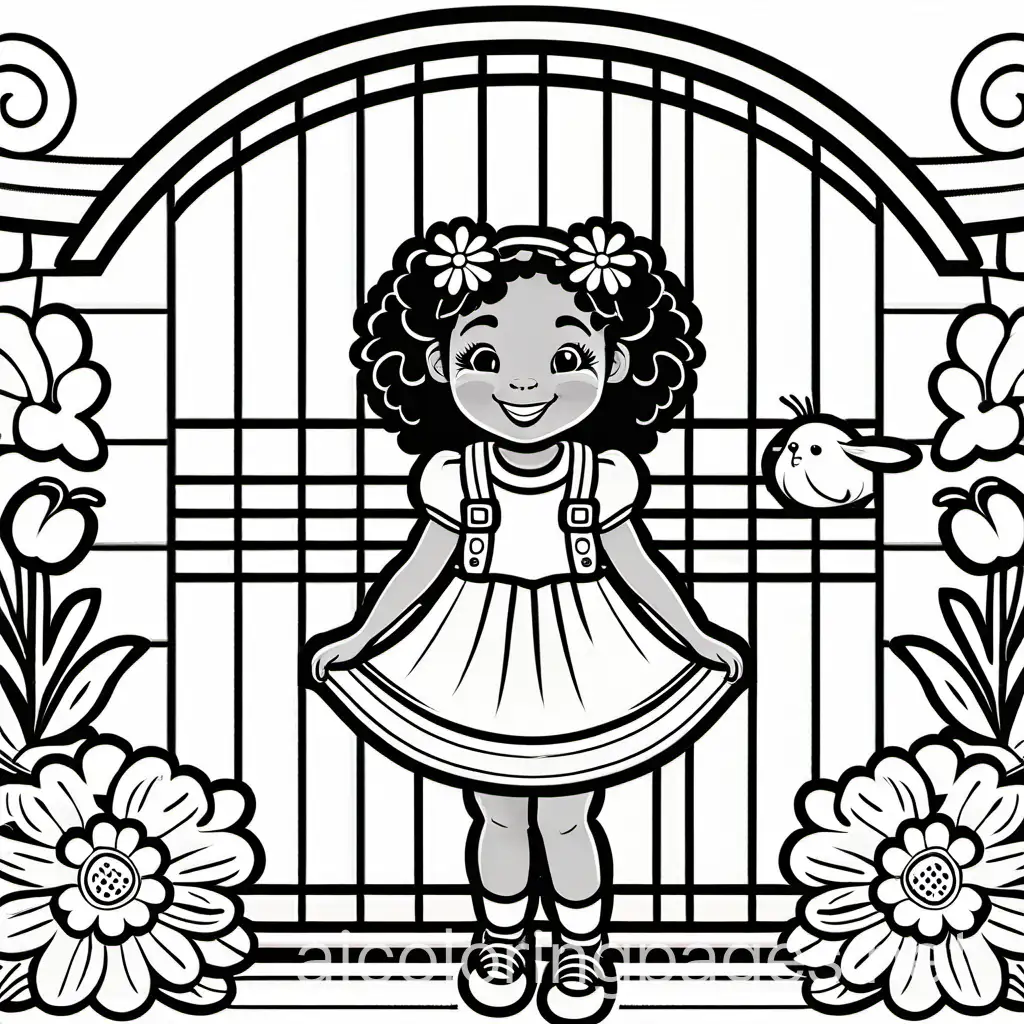 African American character toddler girl happy smiling curly pigtails flowers that are growing on a garden gate add large flowers add bunny rabbits coloring page, Coloring Page, black and white, line art, white background, Simplicity, Ample White Space. The background of the coloring page is plain white to make it easy for young children to color within the lines. The outlines of all the subjects are easy to distinguish, making it simple for kids to color without too much difficulty