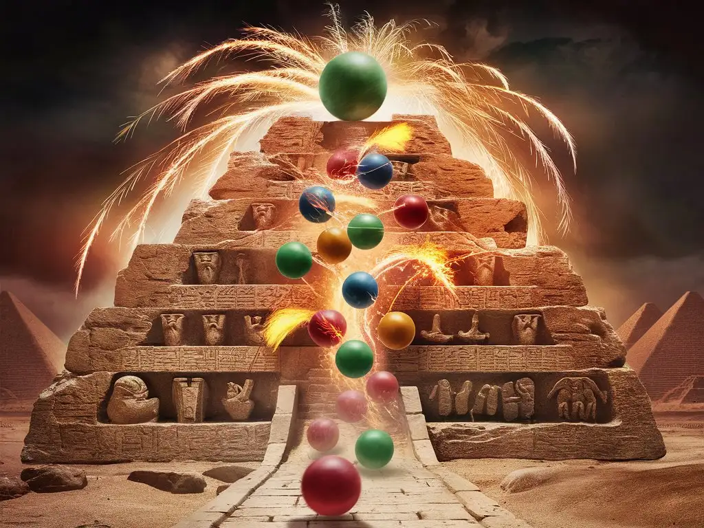 supercell style,Zuma ball game, in large, carved from stone, Egypt, fire, sparks