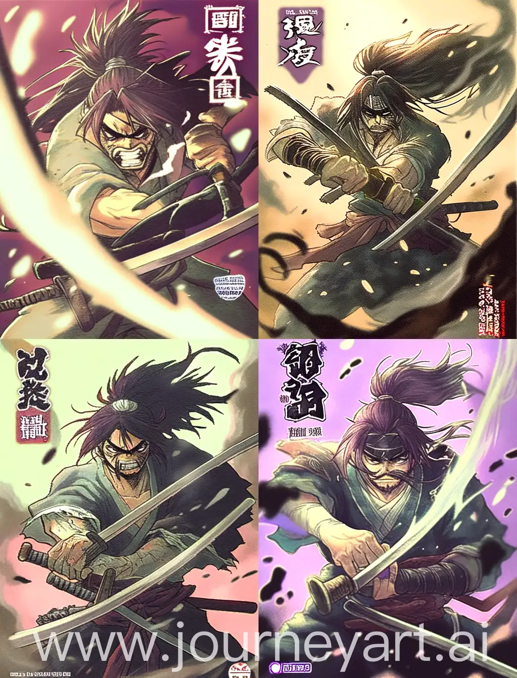 1 man, wearing Japanese samurai uniform, fierce warrior with long hair, wearing tattered clothing. He aims a weapon aggressively towards the viewer, creating an intense atmosphere. Edo(Japanese period)