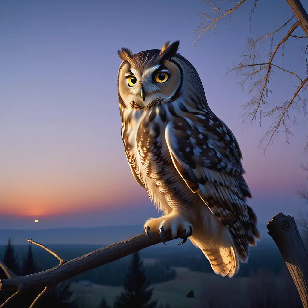 At dusk, owl rests on a branch, distant bell ringing