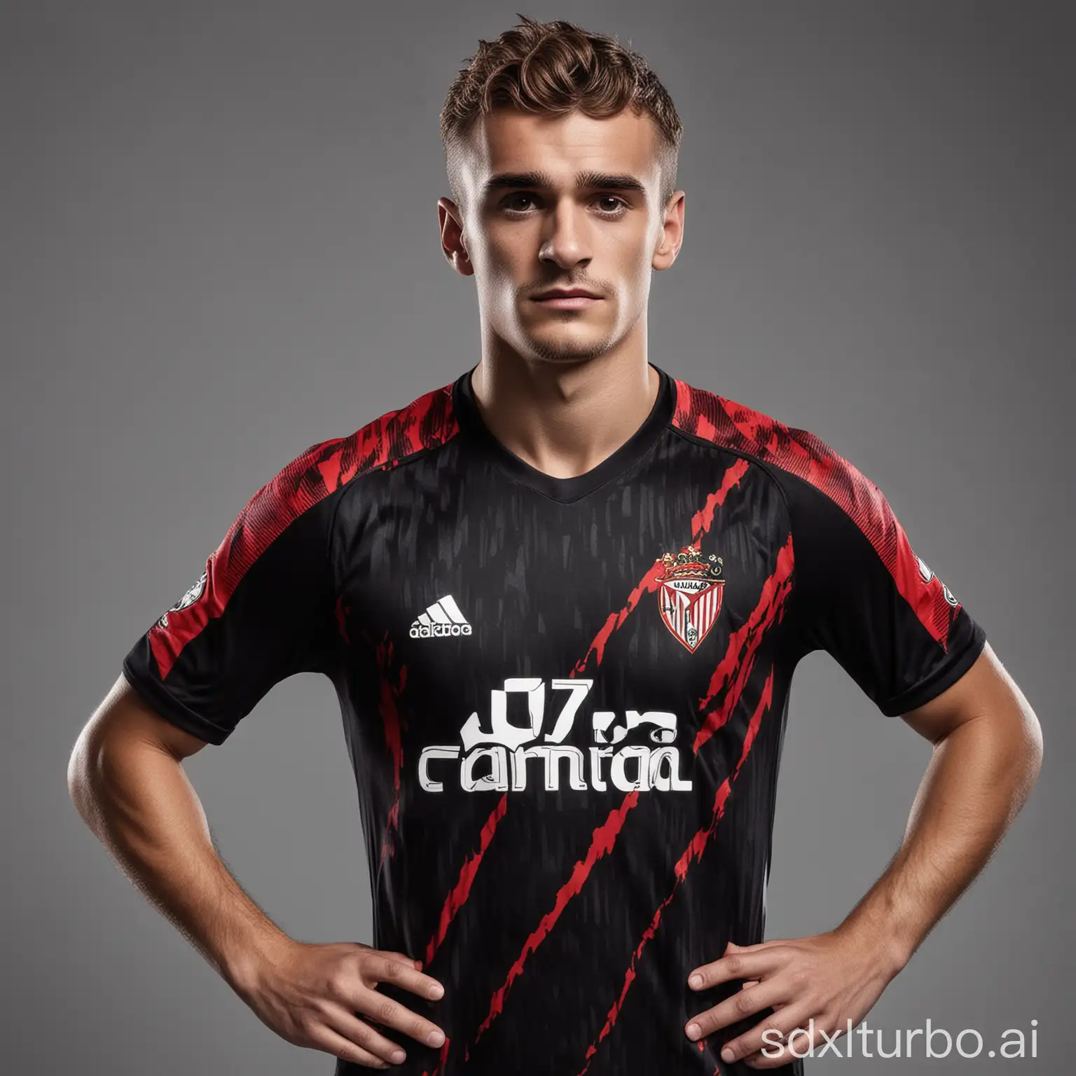 Advertisement for a new soccer jersey, black jersey with red accents. Antoine Griezmann as model