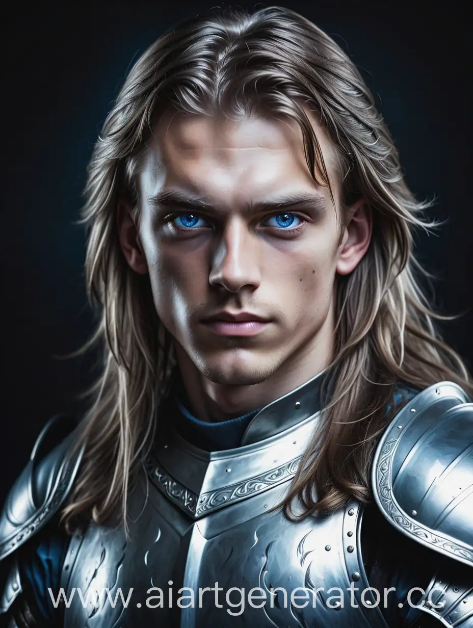 Портрет на темном фоне, юноша с серо-голубыми глазами и светлыми длинными волосами до плеч в доспехе из стали