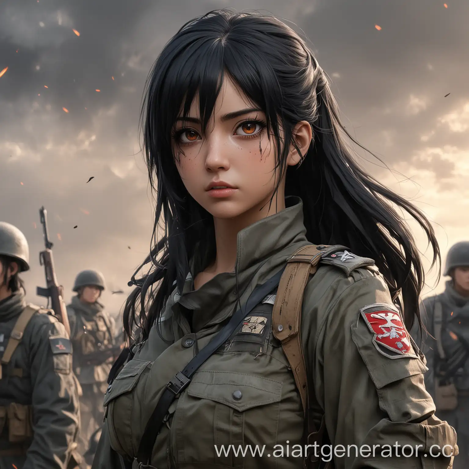 аниме девушка военная с черными волосами по плечи стоит и смотрит на поле войны с слезой на глазах чб