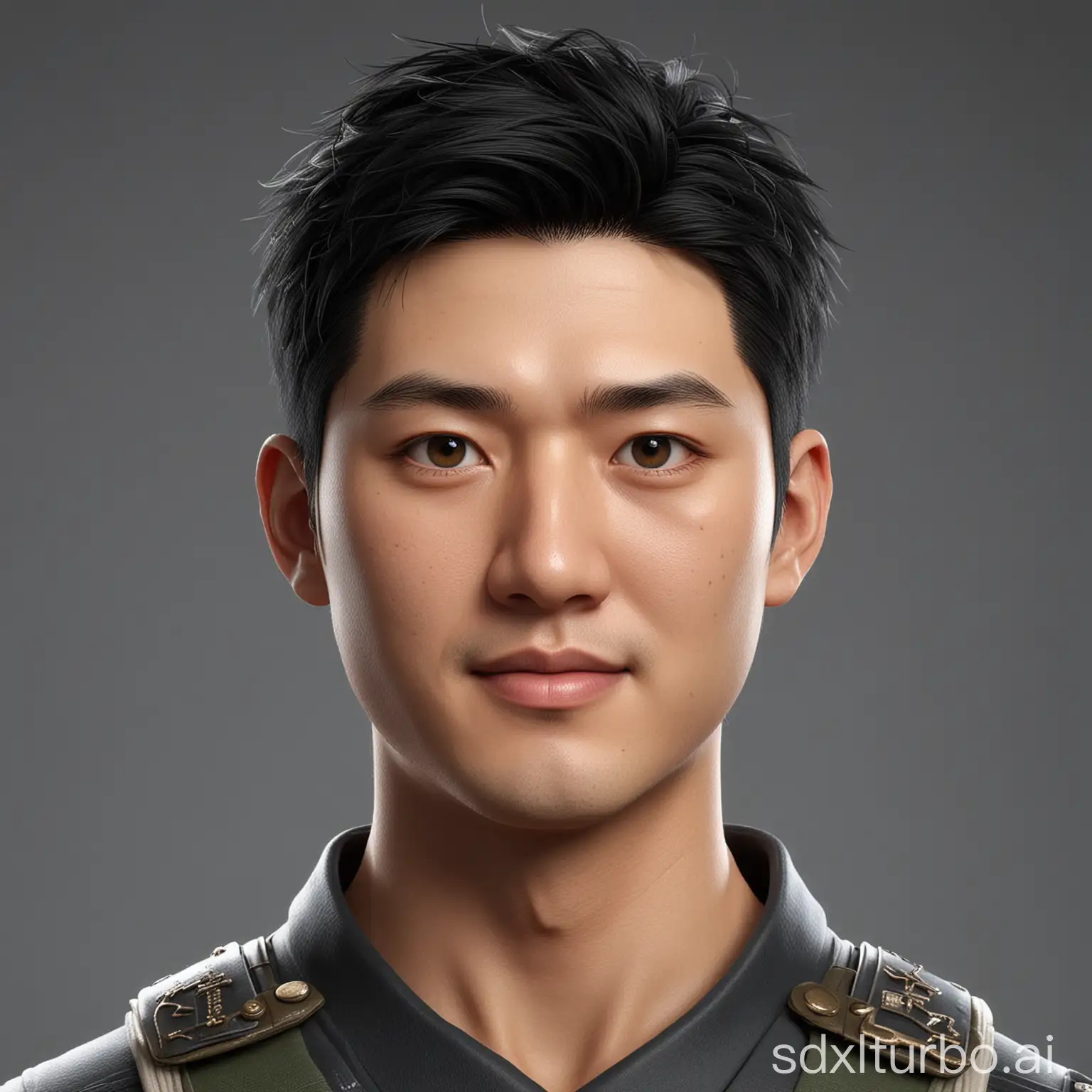 Create a full 3D cartoon style body with a big head. 30 year old japanese man, clean face. Ideal height, square face shape. handsome, his eyes are slightly round, his skin is pure white, his smile is thin and sweet. black hair, wearing a military samurai cyborg uniform with its emblem. Body position is clearly visible. The background is a solid white neutral color. Use soft photography lighting, hair lighting, top lighting, side lighting. Highest quality photos, Uhd,16k