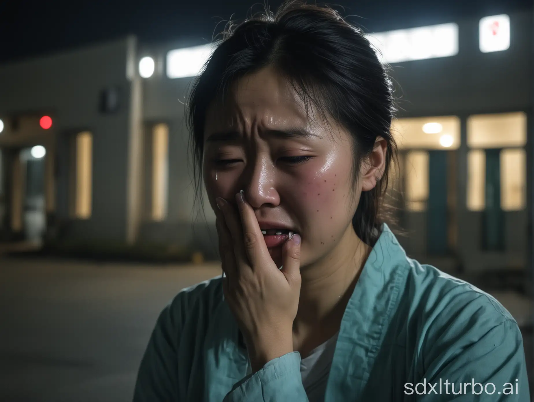 midnight, in front of hospital building, a Chinese woman crying, color of sadness
