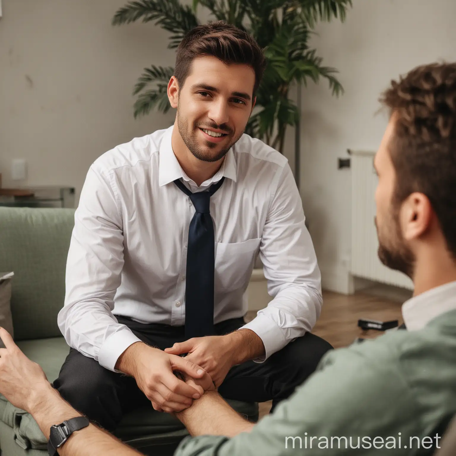A man taking a break from work and talking to a therapist