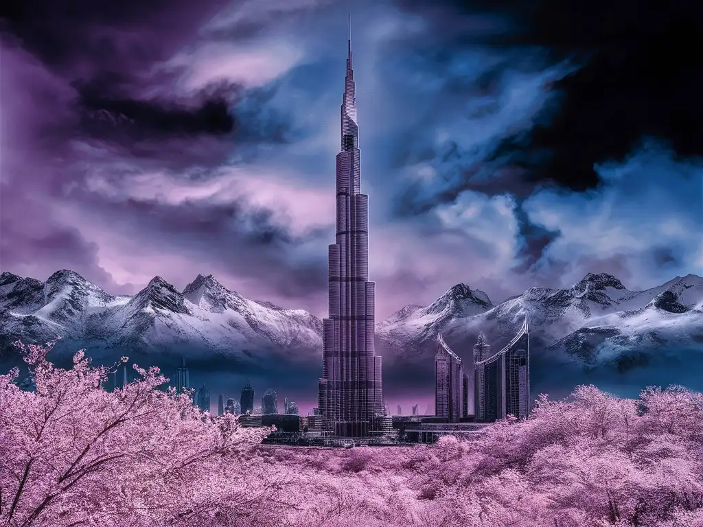 Burj Khalifa, Dubai, snow mountains, cherry blossom, shades of purple, blue and black, 4k