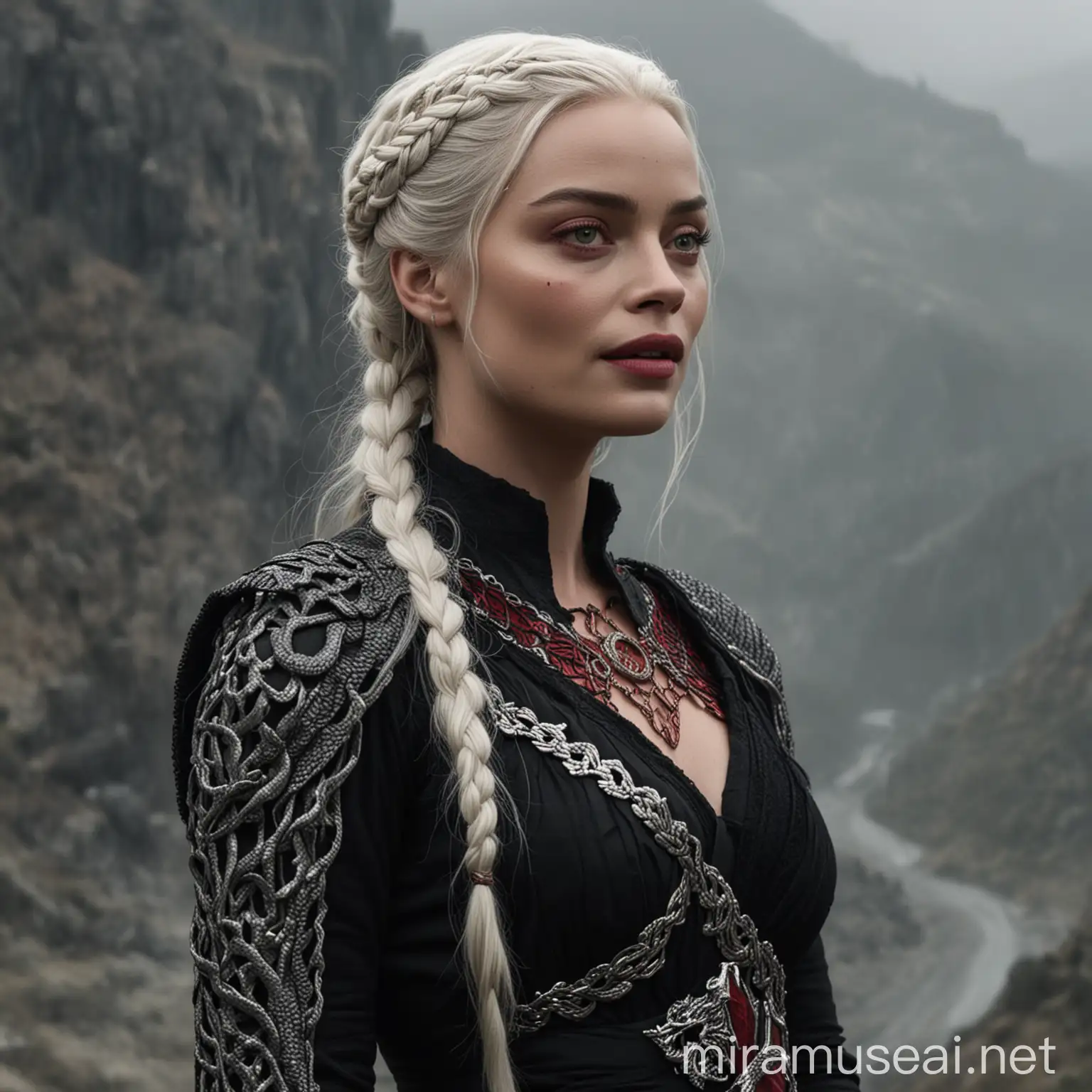 Margot Robbie en tant que princesse Targaryen de l'Ancienne Valyria enceinte de neufs mois aux yeux clairs avec de longs cheveux blancs-argentés coiffés avec des tresses, portant une longue robe noire avec des détails d'écailles de dragon noirs et d'autres détails rouges typiquement Targaryen, marchant sur une pente brumeuse en montagne en lassant couler ses larmes sur ses joues