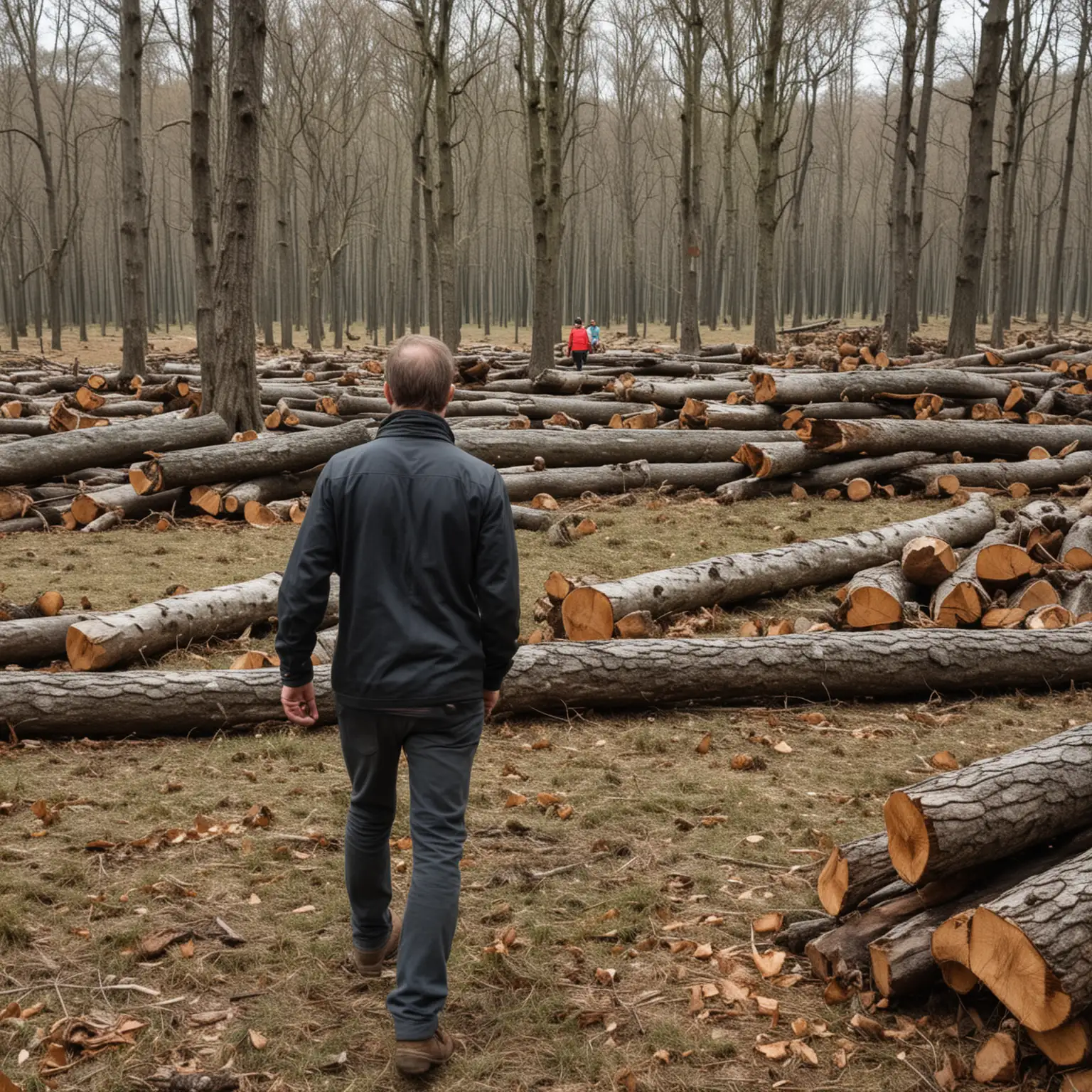 a man in close up, in the background A football field in a an old oak forest, piles of cut trees, people walking around