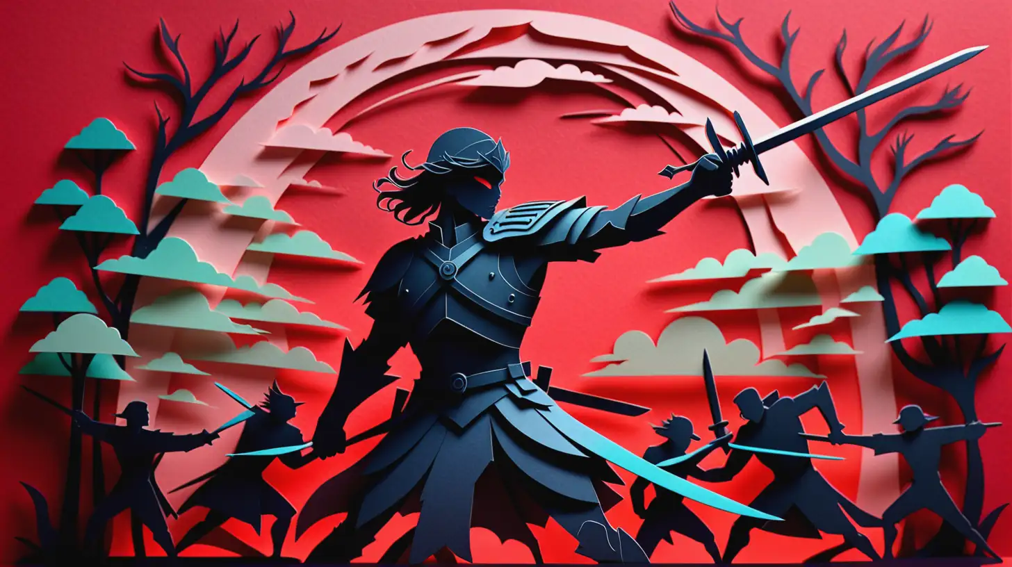 LaserCut Paper Art Dynamic Warrior Silhouette with Raised Sword on Red Background