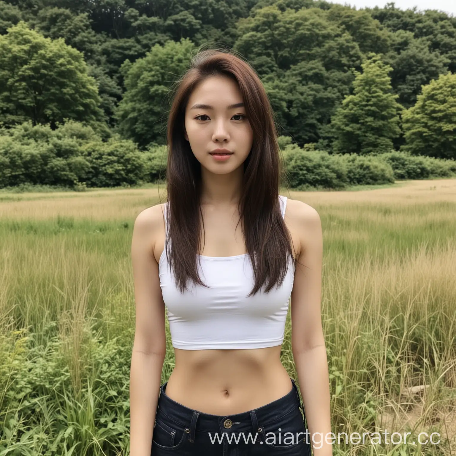 Make realistic iphone taken photo of Korean mixed white girl with good body in UK, show a landscape or popular spot in UK
