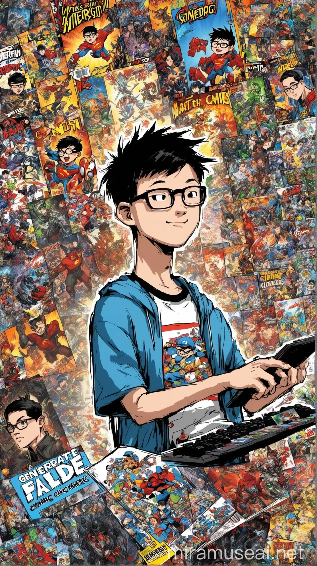  using mixed media generate, A nerdy stereotypical popular chinese kid from chicago with a low taper fade hair cut, that loves comics, video games, anime, match and music, and make his interests and hobbies individual images