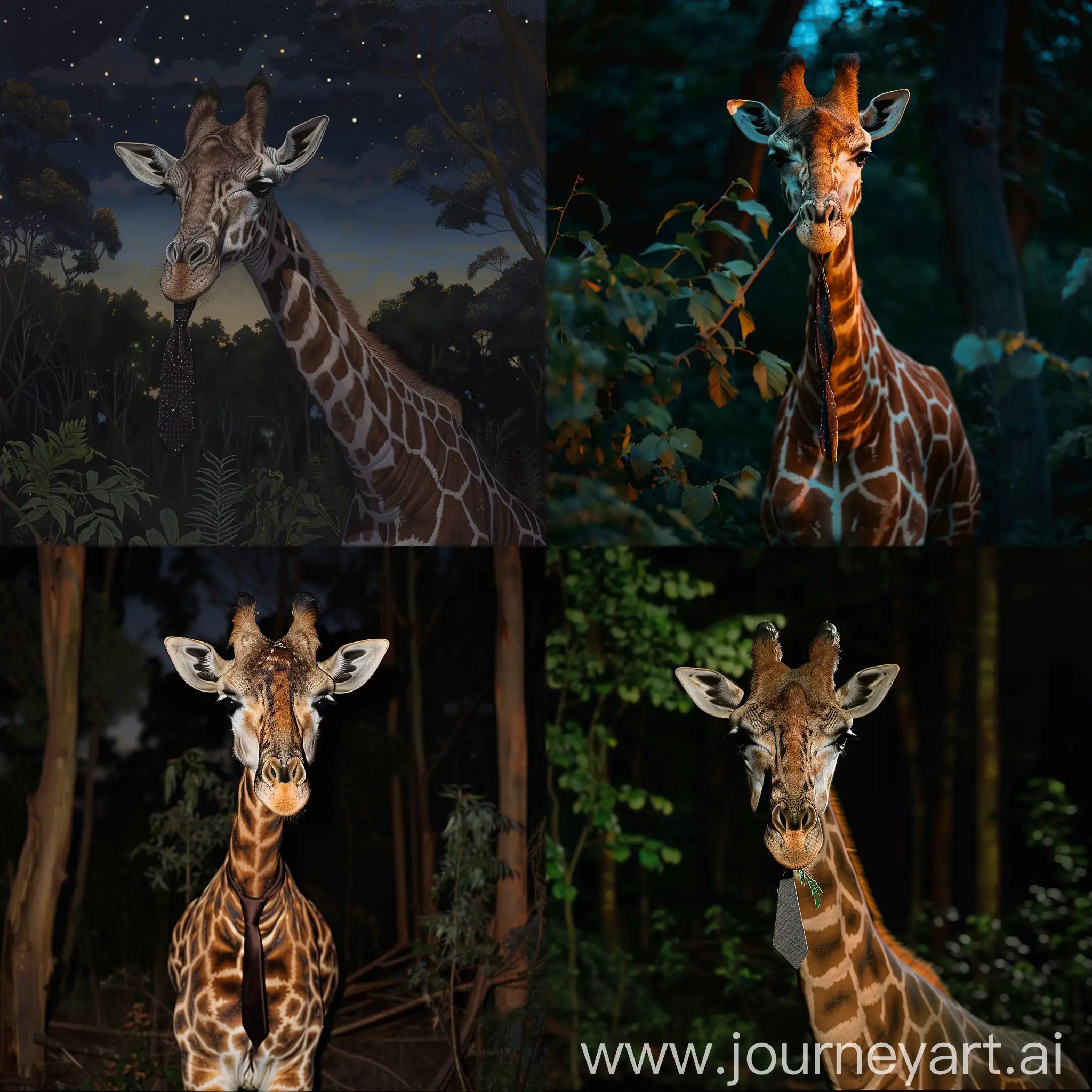 Giraffe with tie at night in the forest, realistic