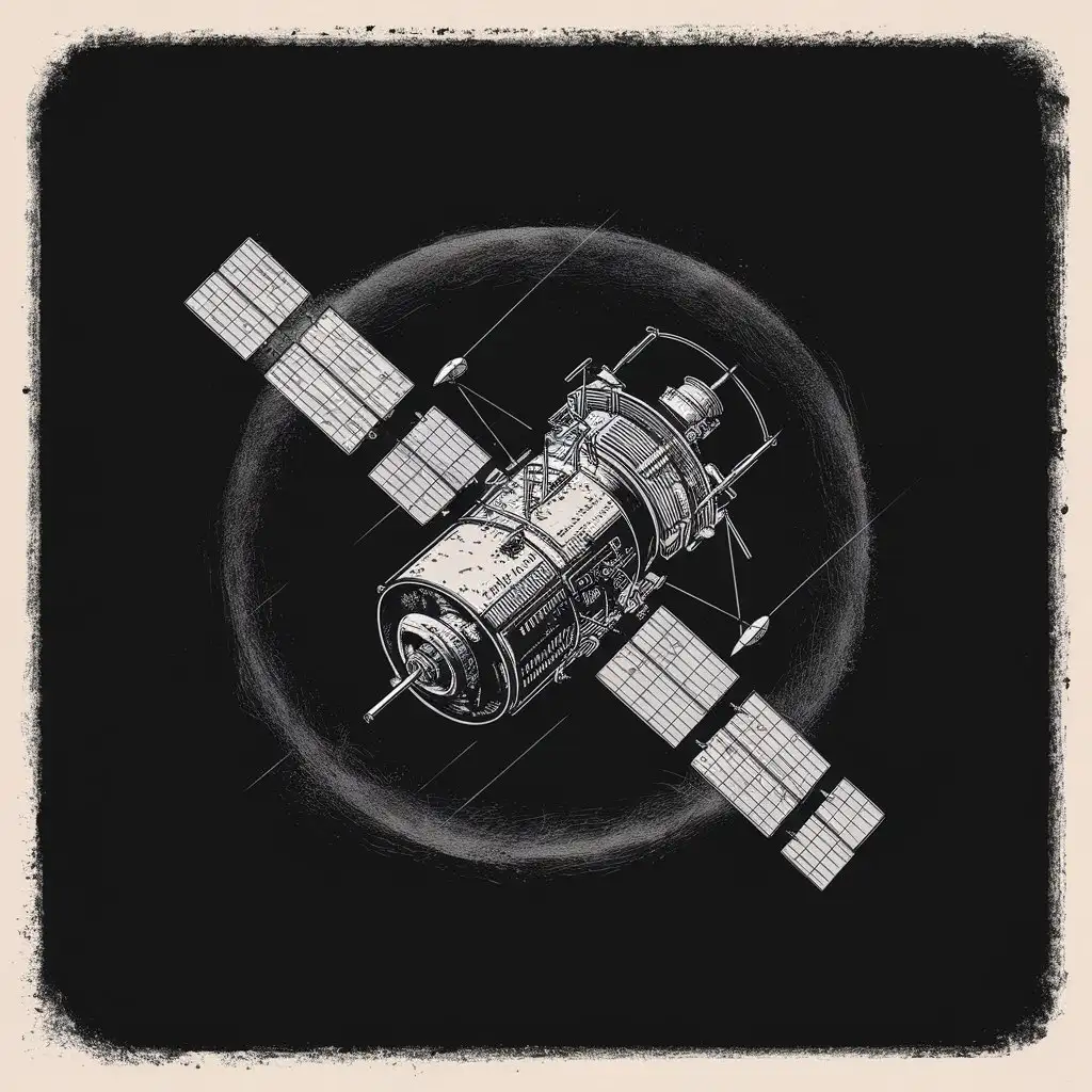 illustration of a satellite, black and white, black background