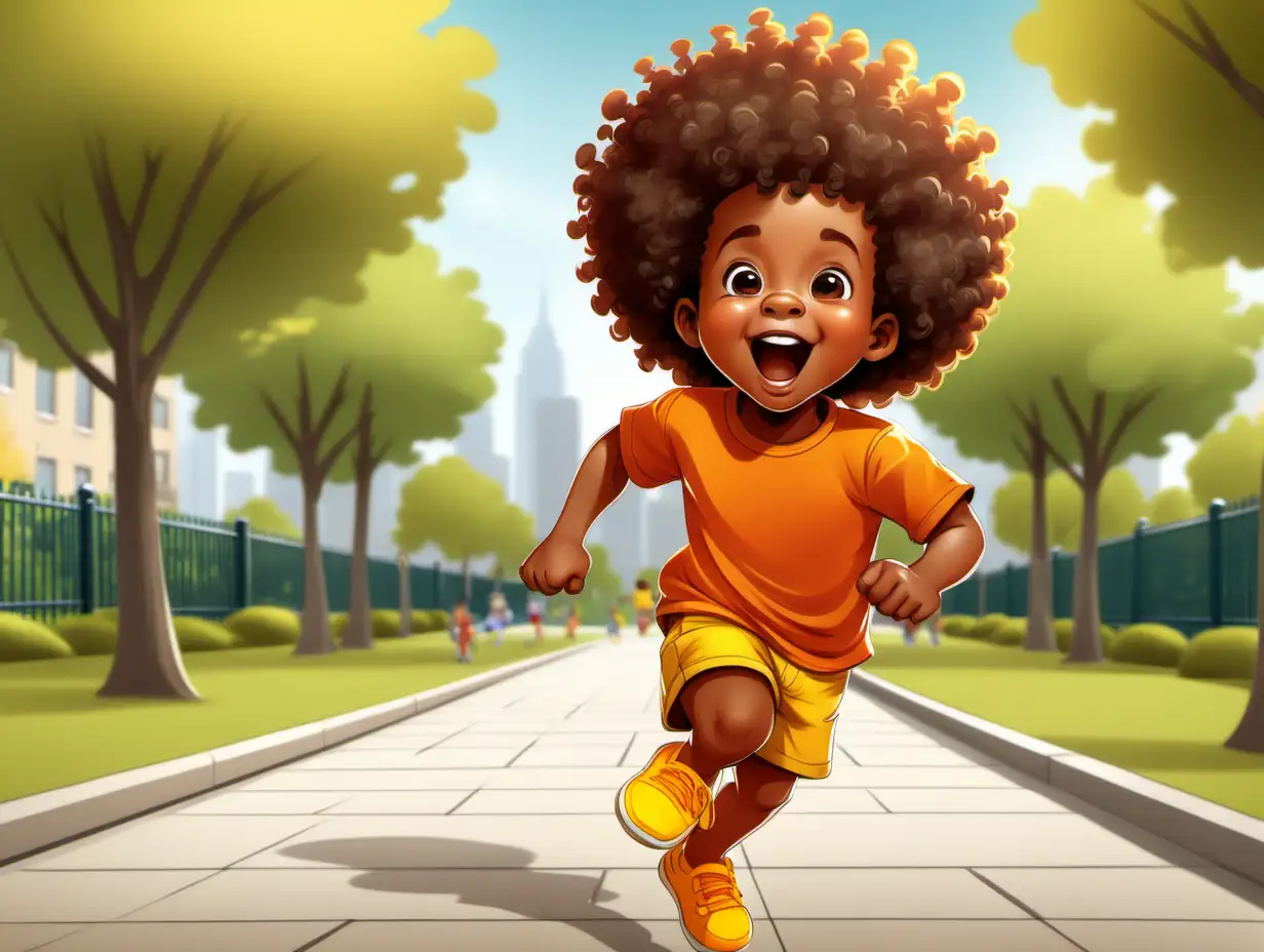 cartoon 2-year-old African American boy with a big curly afro, running energetically across a park. He looks excited and full of energy. He's wearing an orange shirt with yellow shorts and yellow shoes