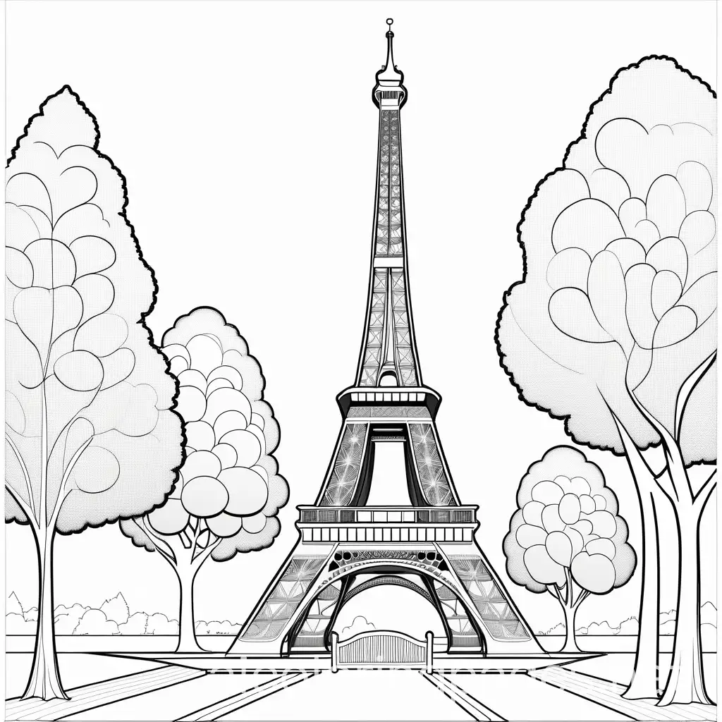 cartoon  A basic outline of the Eiffel Tower with large sections for coloring. The background includes a few simple trees and a bench., Coloring Page, black and white, line art, white background, Simplicity, Ample White Space. The background of the coloring page is plain white to make it easy for young children to color within the lines. The outlines of all the subjects are easy to distinguish, making it simple for kids to color without too much difficulty