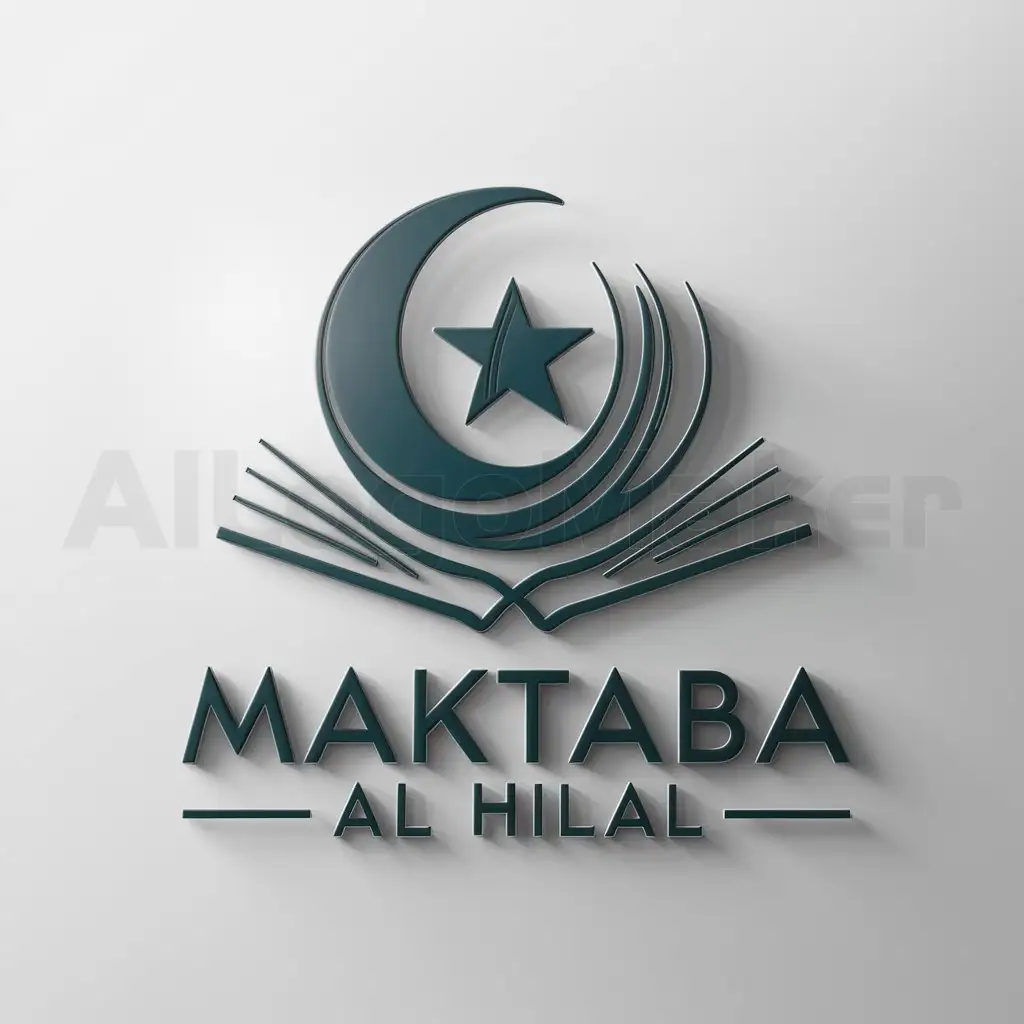 a logo design,with the text "Maktaba Al Hilal", main symbol:The moon and the star of the flag of Algeria with, in background, open books.,complex,be used in Religious industry,clear background