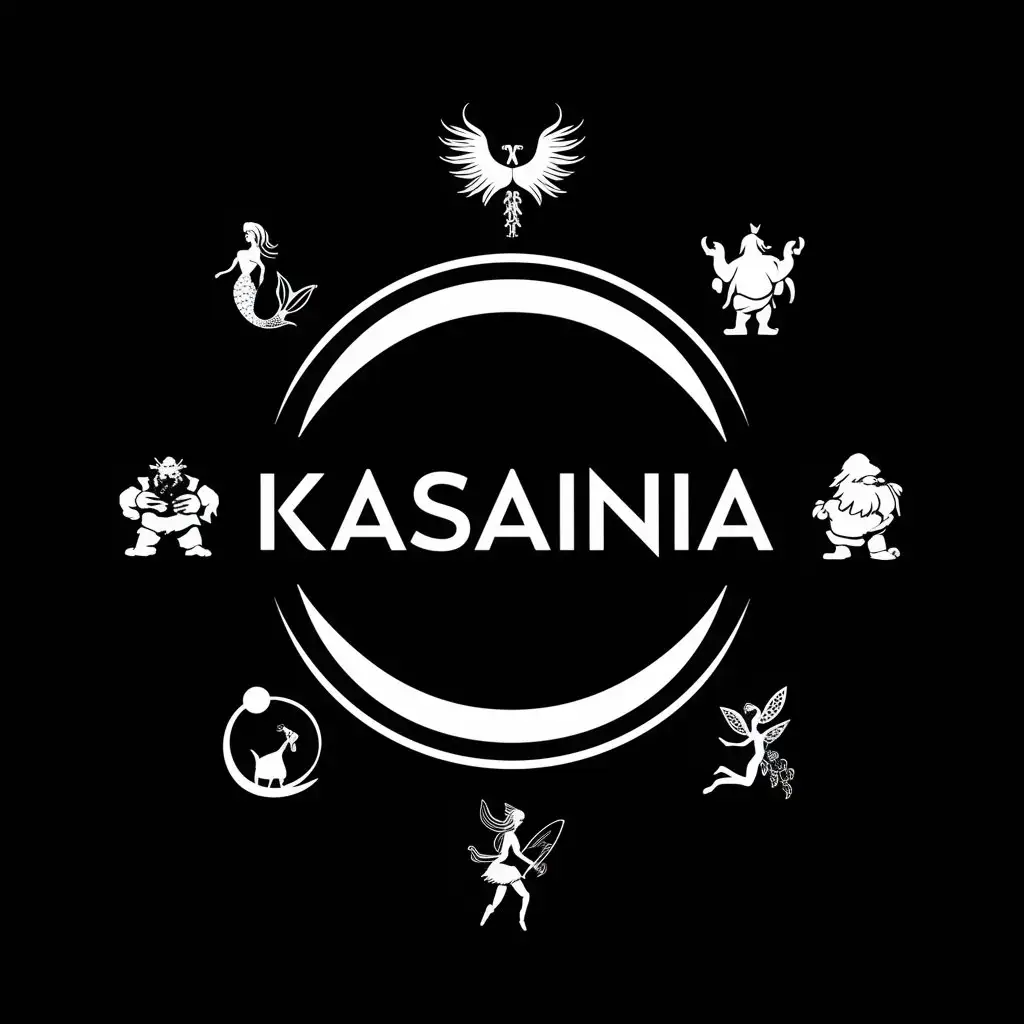 logo
write kasainia in the center of the circle 
On the edge of the circle black and white symbols of one of each (nothing else) : mermaid, phoenix, ogre, dwarf, elf and fairy 