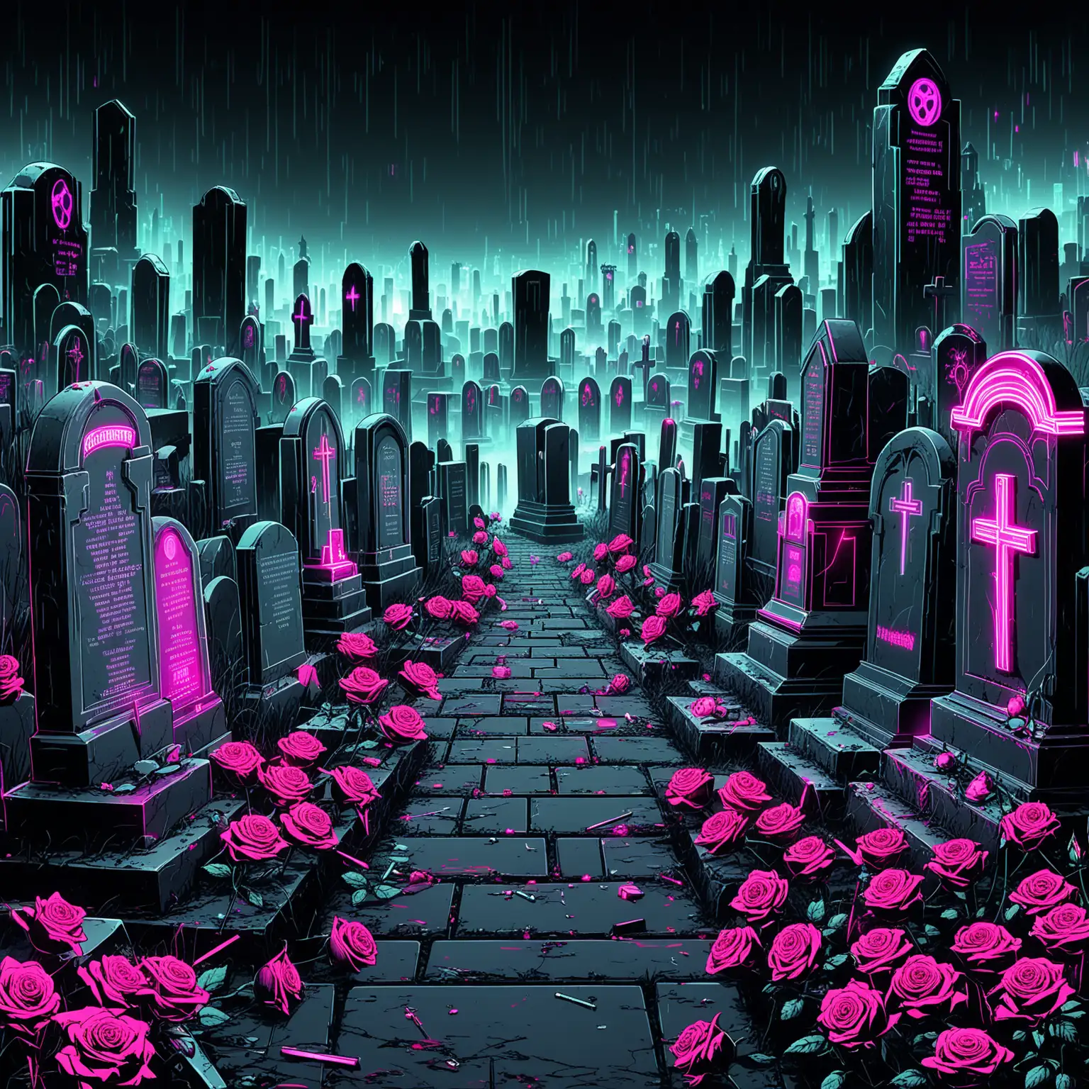 cemetery, party, no people, distant background is a cyberpunk cityscape, diverse number, type, and size of tombstones, some neon cyberpunk elements on the tombstones, a few roses on the ground, added with ribbons and party lights, scattered and varied tombstones, less color on the tombstones, without the middle road