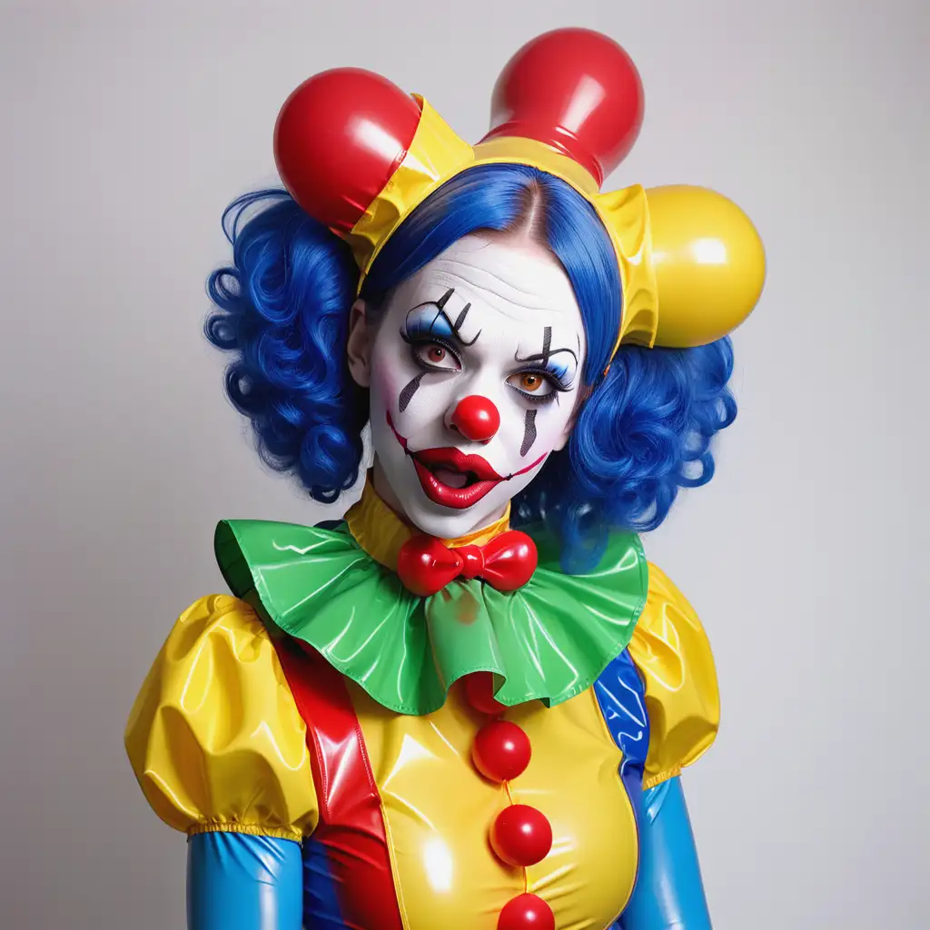 Латексная  девушка клоун в ярком латексном наряде клоуна с большим резиновым носом клоуна в резиновом парике 