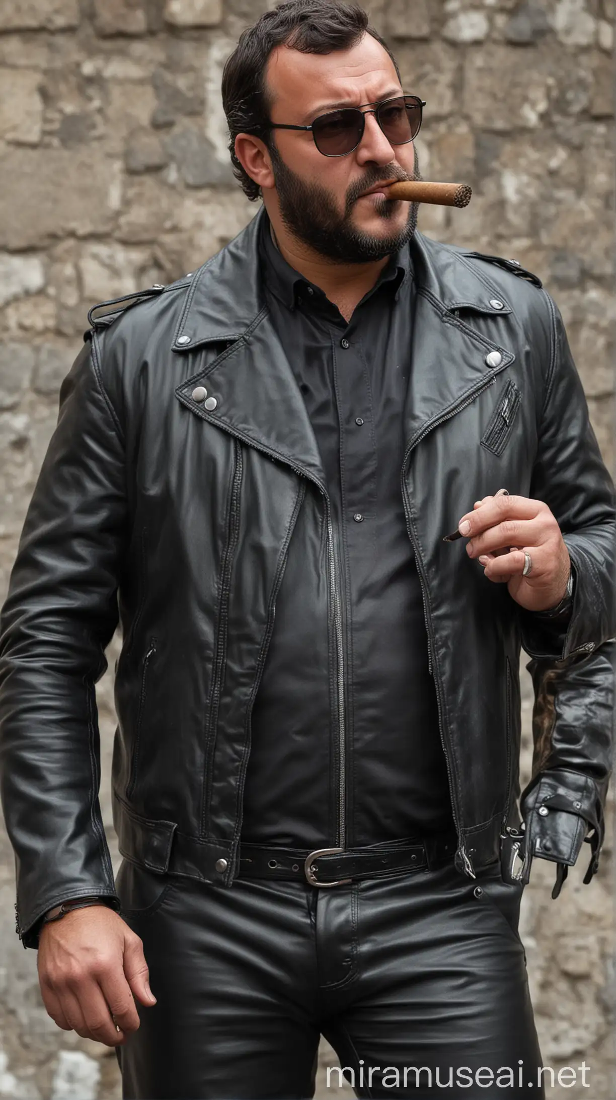 A manly thick muscled and bearded Matteo Salvini smoking a big cigar very tight black leather biker style dressed jacket and pants wearing glasses with big crotch